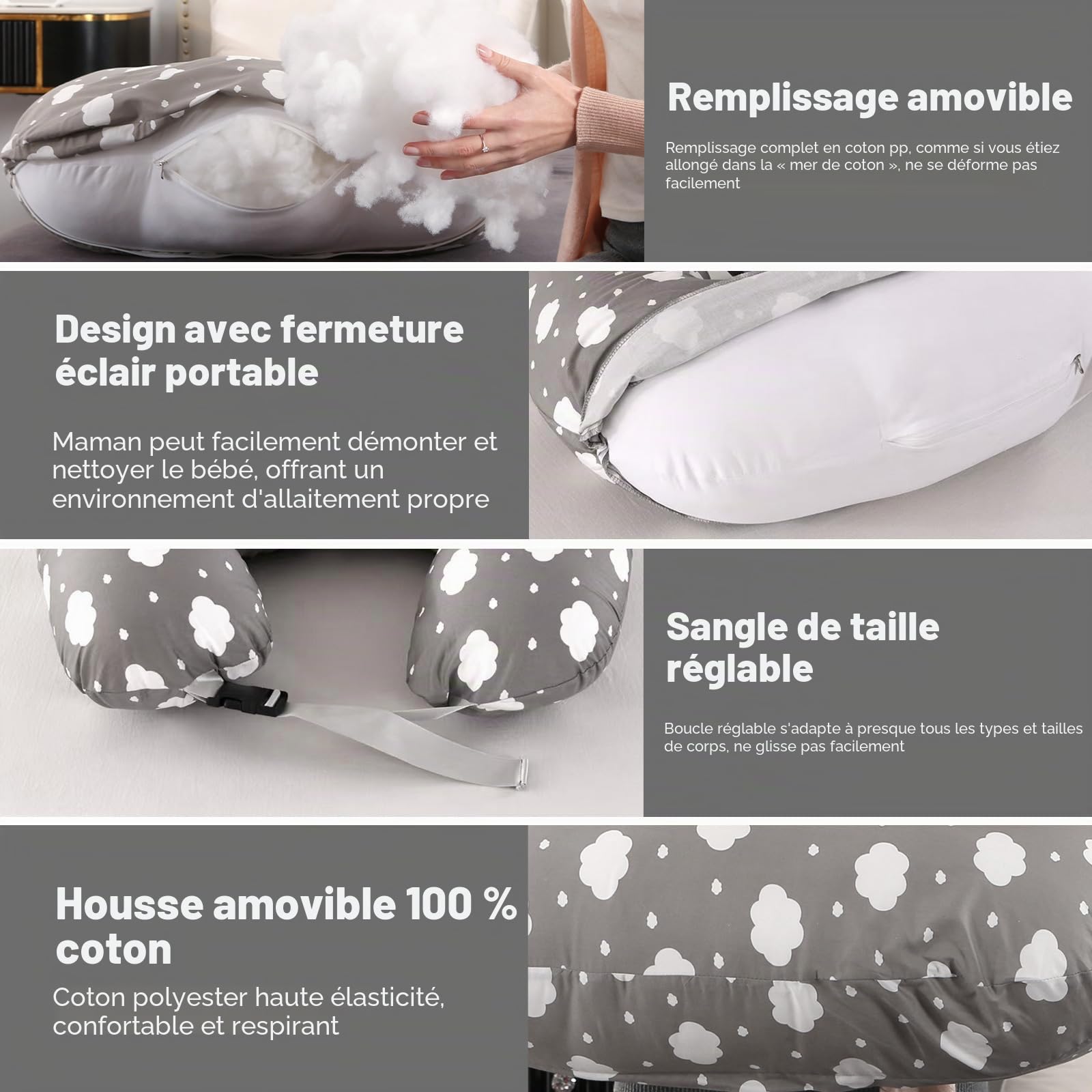 Labtec Coussin d'allaitement multifonctionnel Coussin d'allaitement pour bébé avec sangle de taille réglable, coussin de soutien pour bébé, housse amovible 100 % coton, cadeau de grossesse, grande
