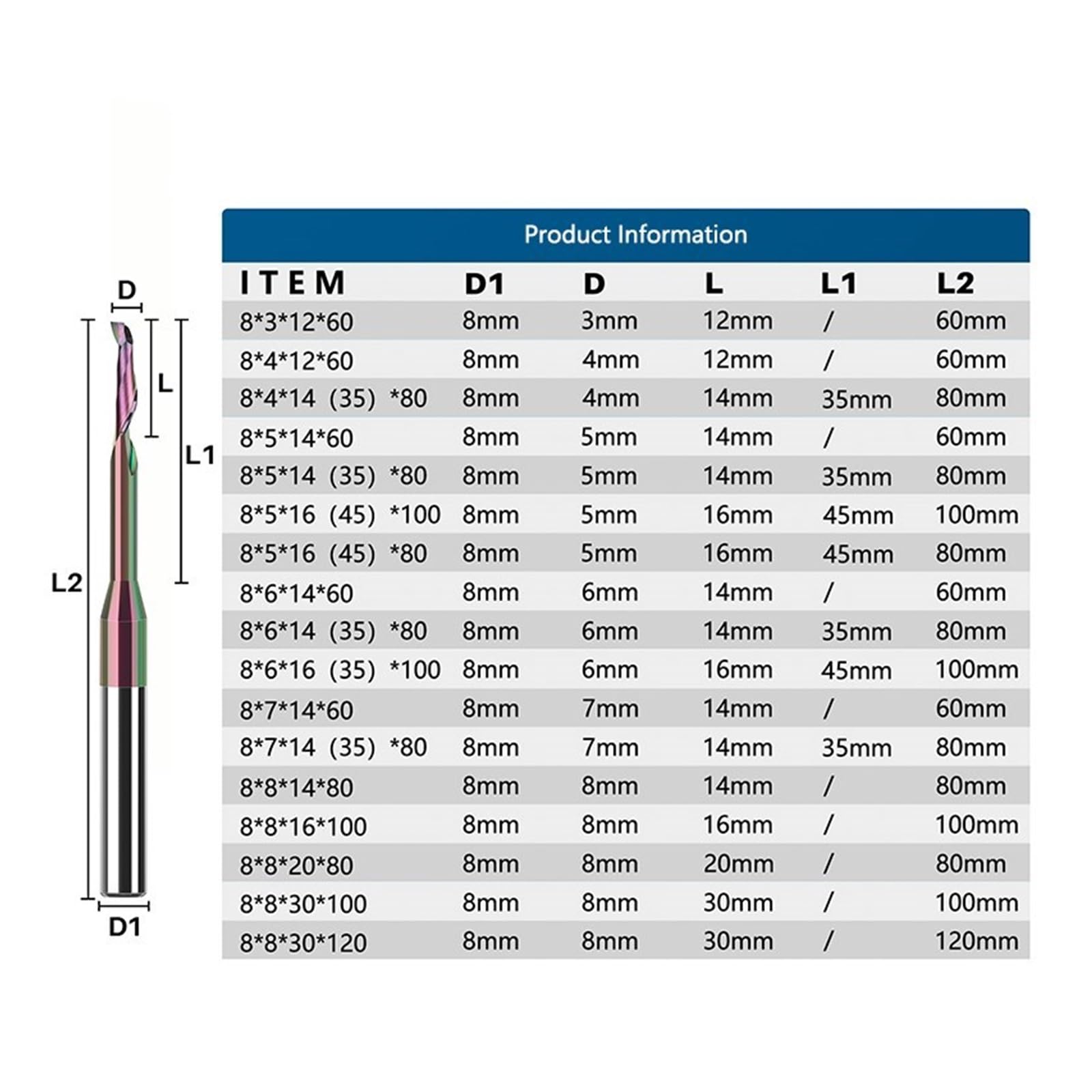 Fresa de 8mm, fresa de extremo HSS de una sola flauta superrevestida for corte de ventana de puerta de aluminio, broca de enrutador de corte de aluminio CNC(8x5x14x80L)