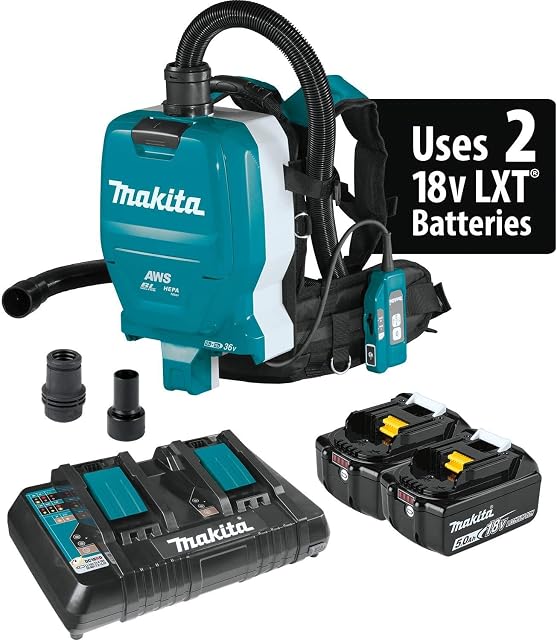 Makita XCV10PTX 18V X2 LXT® Lithium-Ion (36V) Brushless Cordless 1/2 Gallon HEPA Filter Backpack Dry Dust Extractor Kit, AWS Capable (5.0Ah)