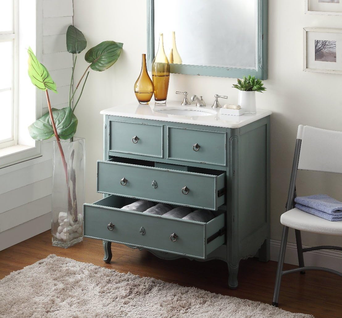 Benton Collection 34” Cottage Look Daleville Bathroom Sink Vanity ZK-81Y-MIR with Mirror (Vintage Mint Blue)