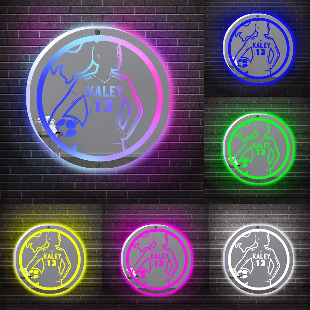 Ktfhvgy Customized Name Women's Soccer Acrylic Mirror Light, Women's Soccer Player Mirror neon Light Sports Decoration, Soccer Player Sports Lover Decoration (style-24)
