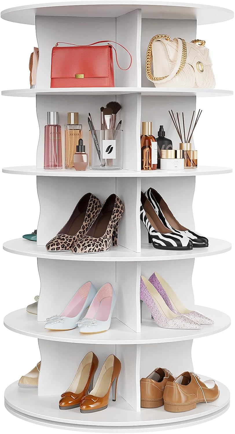 5-Tier Rotating Standing Shelf Unit with Dividers, 360° Storage Display Tower Vertical Floor Organizer, for Bedroom, Closet, Entryway & Office, Ideal for Shoes, Cosmetics & Handbags, White
