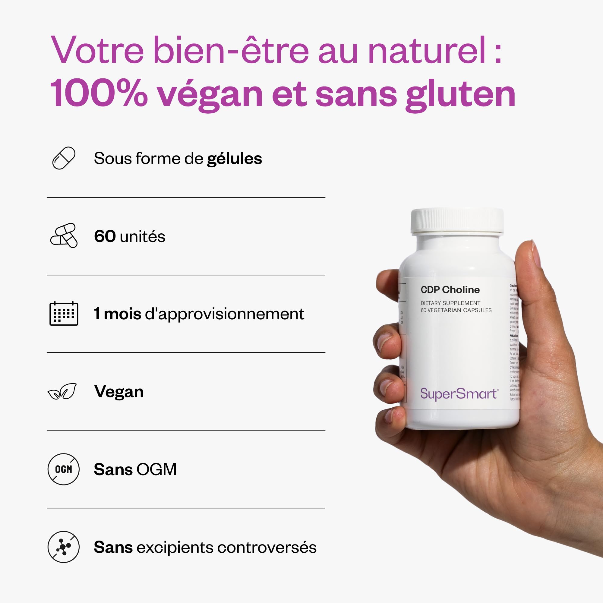 CDP Choline - Aide au Fonctionnement Normal du Système Nerveux - Choline Brevetée - Formule à la Biodisponibilité Optimale - Dosage Puissant - Vegan - SuperSmart