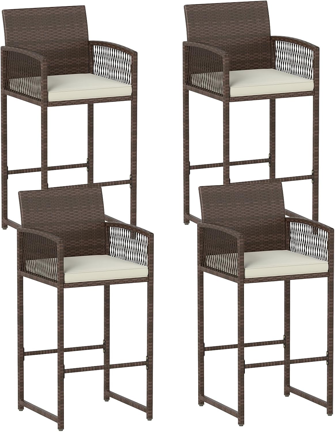 HAPPYGRILL Outdoor PE Wicker Bar Stools Set, Patio Bar Height Chairs with Cushions, Armrests and Footrest, Outdoor High Bistro Stools for Poolside, Backyard and Porch (Beige,4)