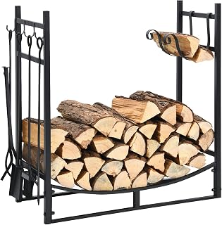 COSTWAY 30/36 Inch Fireplace Log Rack with 4 Tools, Iron Fireside Companion Set Firewood Holders with Tong, Brush, Shovel and Poker, Indoor Outdoor Wood Lumber Storage Stacking (76x33x77cm)