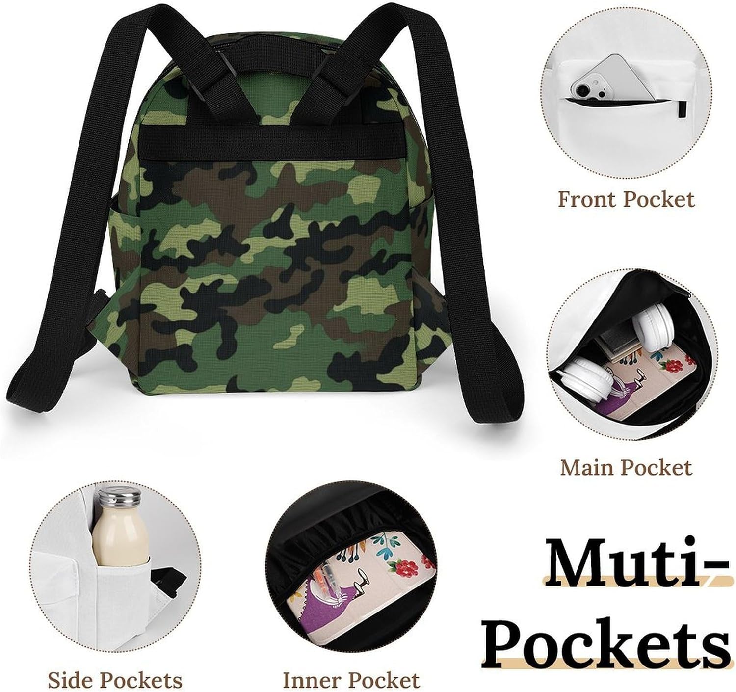 Waterproof Mini Backpack for Women - 10 Inch Oxford Lightweight Daypack Cute Bag Small Daypack Green Military Camo Small Backpack Purse for Travel Work Weekender