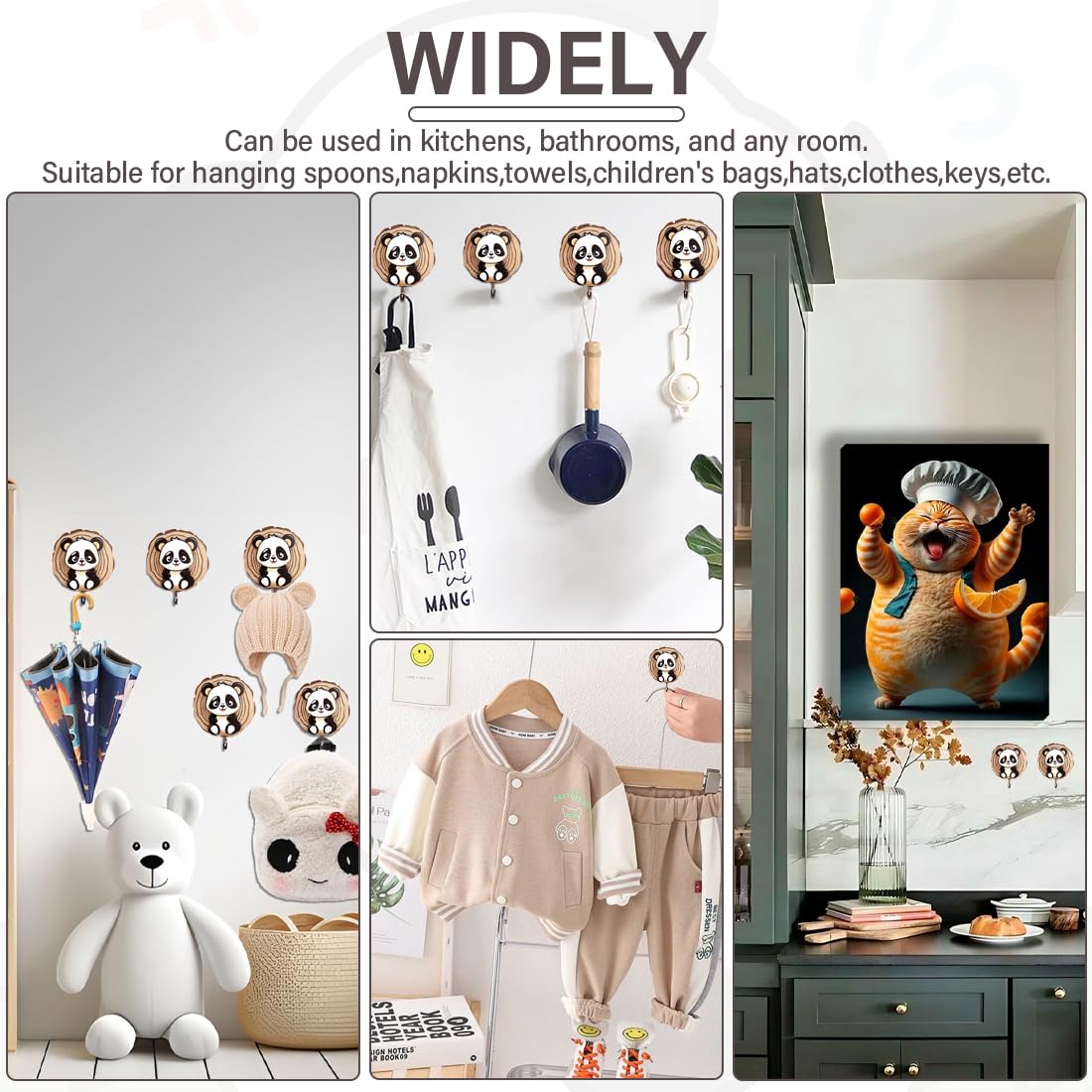 Ganci Autoadesivi per Bambini Panda, Appendini da Parete per Animali, Cappelli, Cucina e Bagno 4 Pezzi