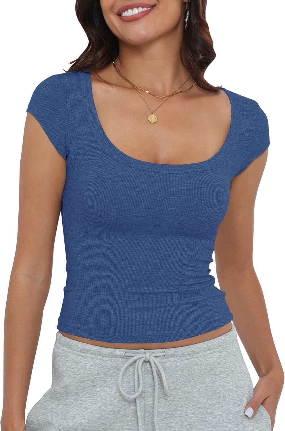 Artfish Women's Short Sleeve T-Shirts Low Scoop Neck Slim Fitted Ribbed Knit Casual Longer Crop Top