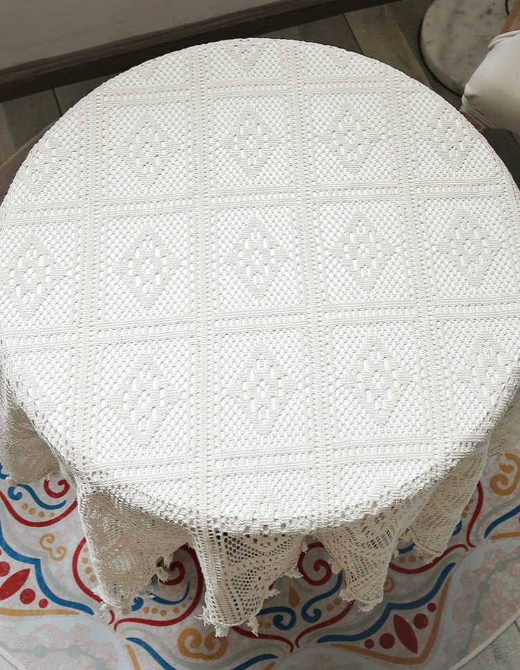 HeichkelL Vintage Spitzentischdecke Quaste Tischdecke Quadratisch Häkelspitze Deckchen Lace Tischtuch Hochzeit Küche Party Dekor Beige 140 x 250 cm