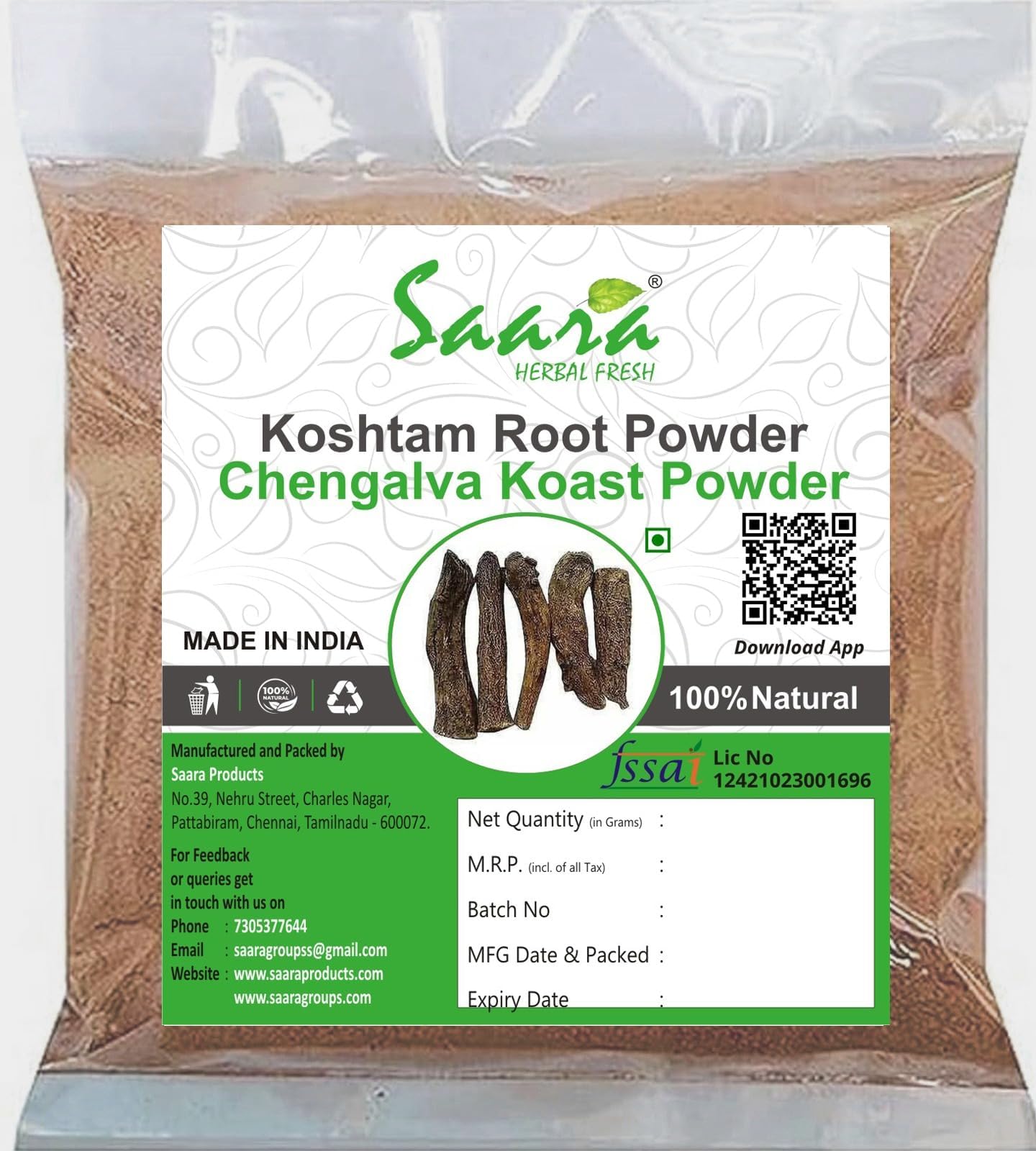 Saara HERBAL FRESH Koshtam Root Powder,100g, Chengalva Koast, Kuth, Kudu, Keu, Kostam, Indian Costus Root, Kemuk Root Powder,(pack of 1 x 100g)