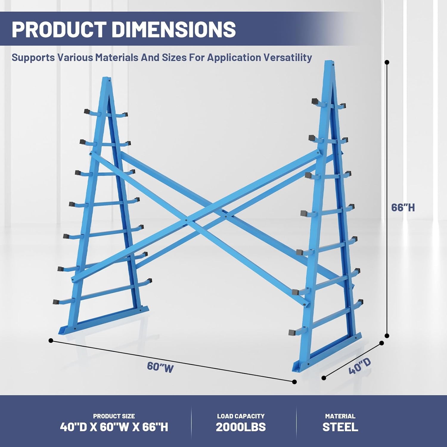 2000 lbs Horizontal Lumber Storage Rack, 60”W x 66”H x 40”D, 7-Tier Heavy-Duty Steel Pipe & Wood Organizer Shelf, Freestanding Garage Shelving with Adjustable Arms for Garage/Basement/Pantry
