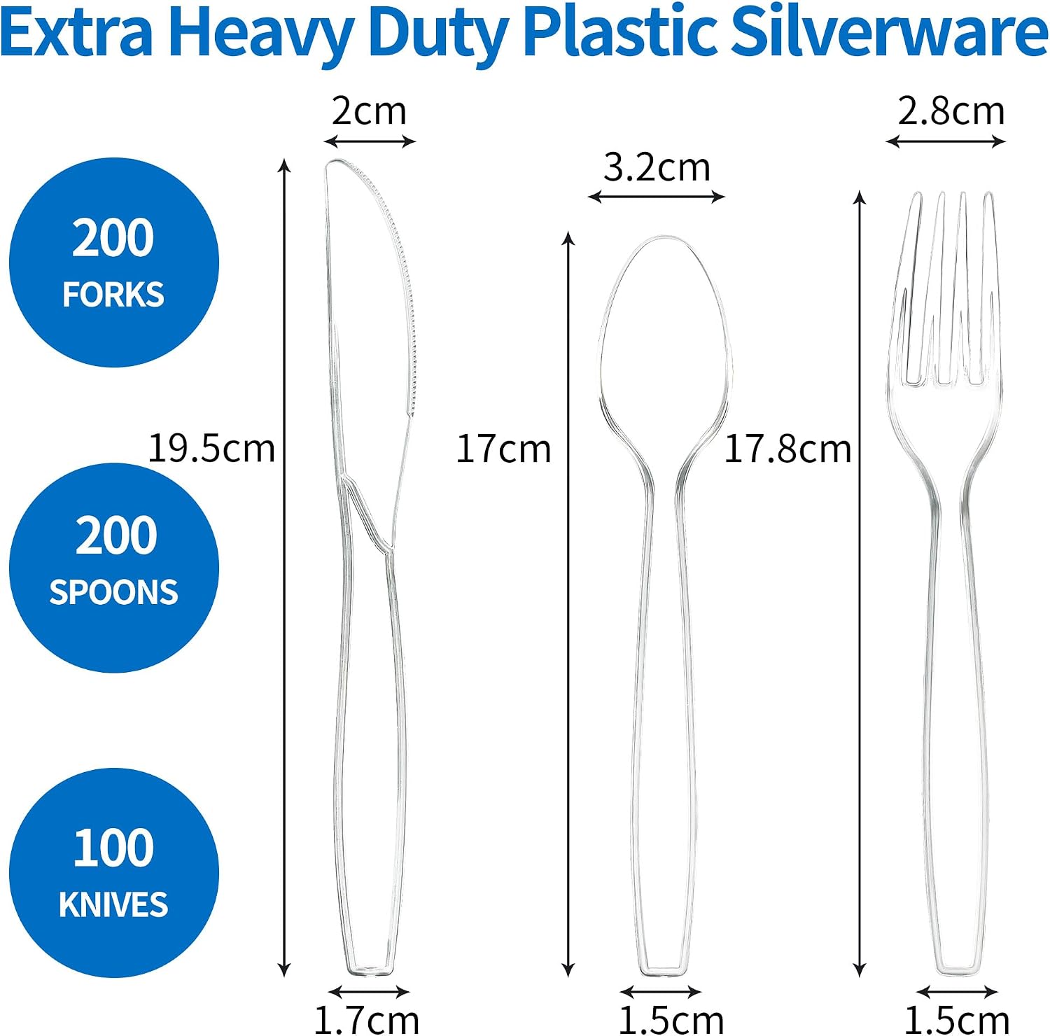 500 Count Extra Heavy Duty Clear Plastic Silverware, 200 Forks, 200 Spoons, 100 Knives，Plastic Cutlery Set，BPA-Free, Heat Resistant, Disposable Utensils Set, Plasticware Bulk