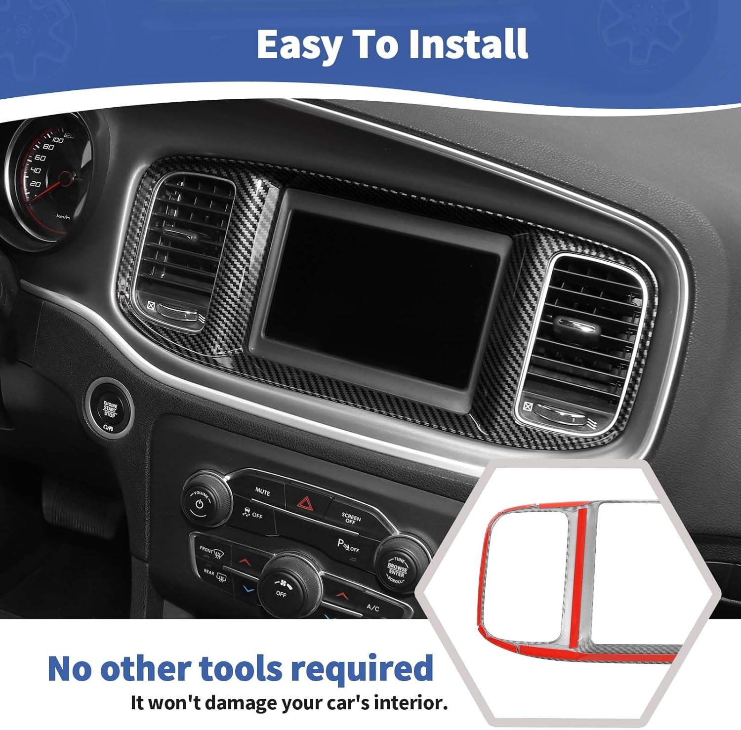 RT-TCZ for Charger Center Dash Radio Cover Trim for Dodge Charger 2015-2023 Black Carbon Fiber Interior Accessories