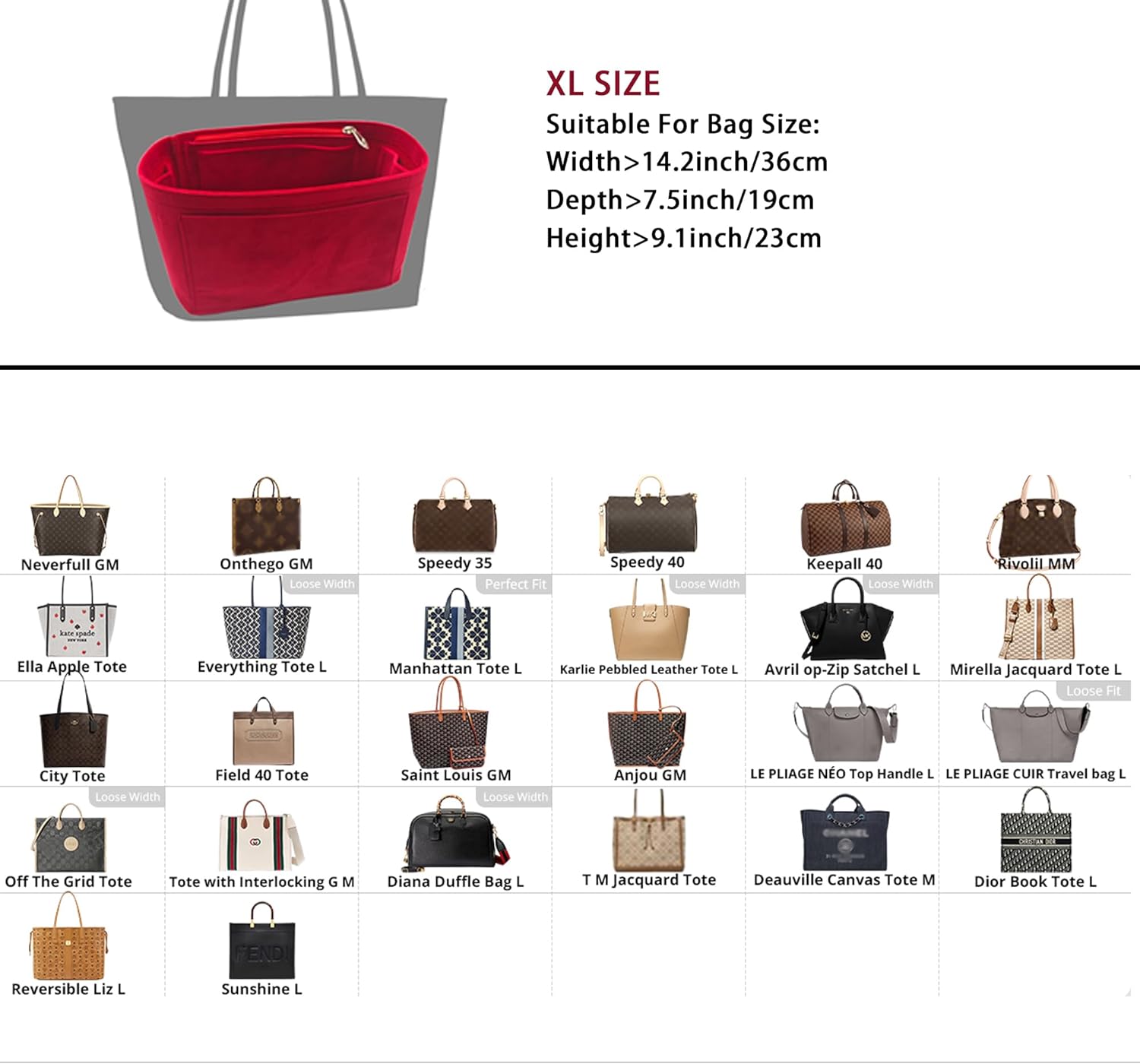 Purse Organizer Insert, Suede Bag Organizer Handbag Tote Shaper, Suede Material, Soft and Non Damaging Bag (X-Large,Red) - Image 2