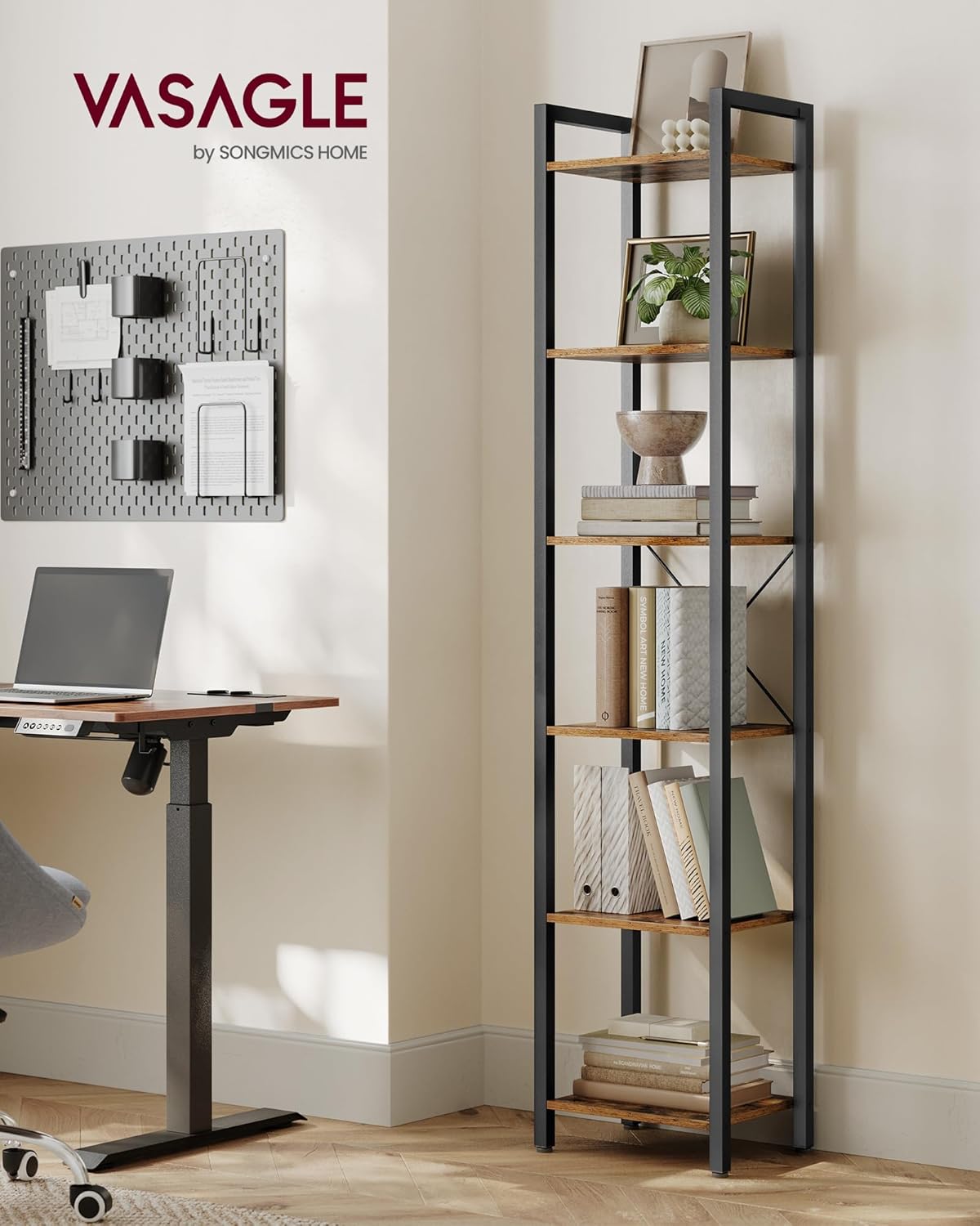 VASAGLE 6-Tier Bookshelf, Bookcase with Steel Frame, Book Shelf for Living Room, Home Office, Study, 11.8 x 15.7 x 73.2 Inches, Industrial Style, Rustic Brown and Ink Black ULLS101B01