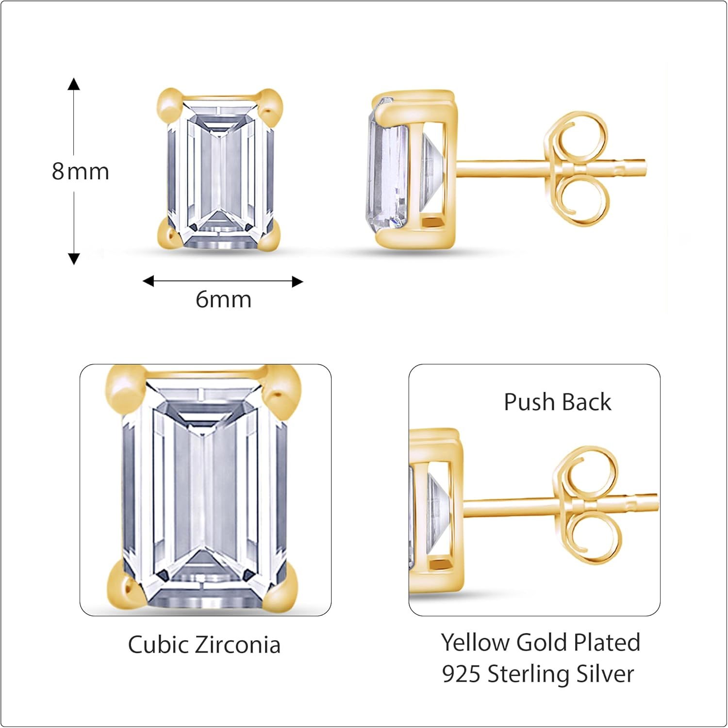 Emerald Cut Solitaire Stud Earrings for Women, 14K Gold Over Sterling Silver, Push Back Earrings, Elegant Jewelry Gift for Women, Birthday, Anniversary, Valentine’s Day Everyday Jewelry
