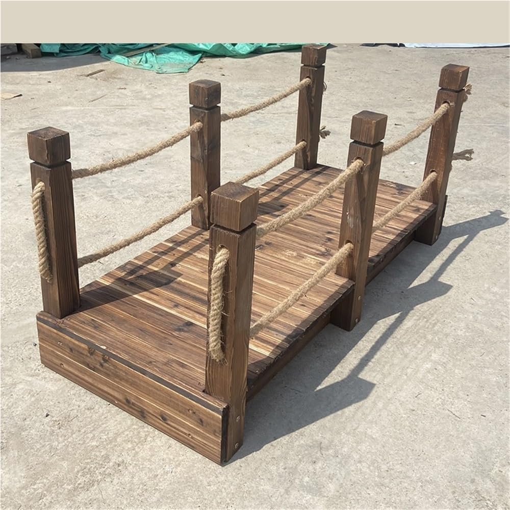 Garden Bridge with Rope Handrails, Straight Wooden Walkways for Yards, Wooden Bridge with Carbonized Surface