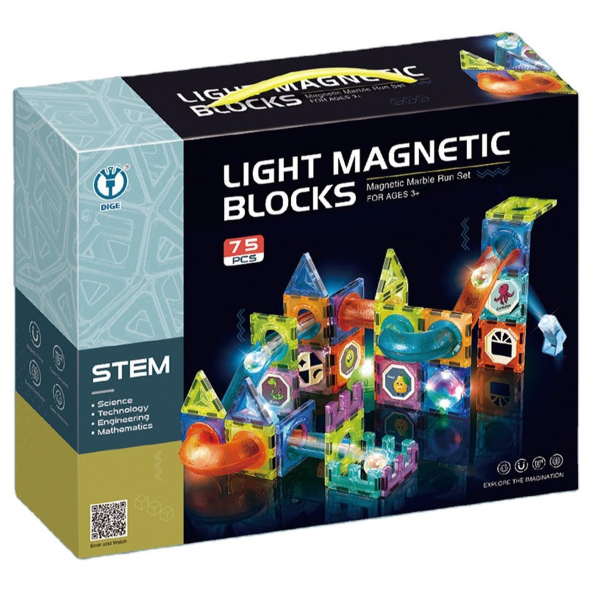 DIGE 75 Pcs Glowing Magnetic Tiles for Kids | Building & Construction Set With Marble Run Ball | Educational STEM Toy for Boys and Girls