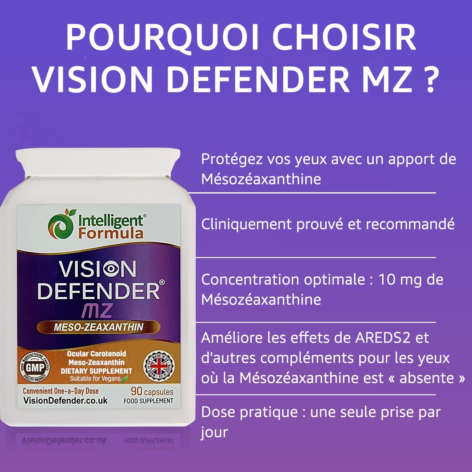 Supplément méso-zéaxanthine pour les yeux: VISION DEFENDER MZ - Protéger et améliorer la santé oculaire, méso-zéaxanthine antioxydant caroténoïde de haute résistance pour les yeux (90 gélules)