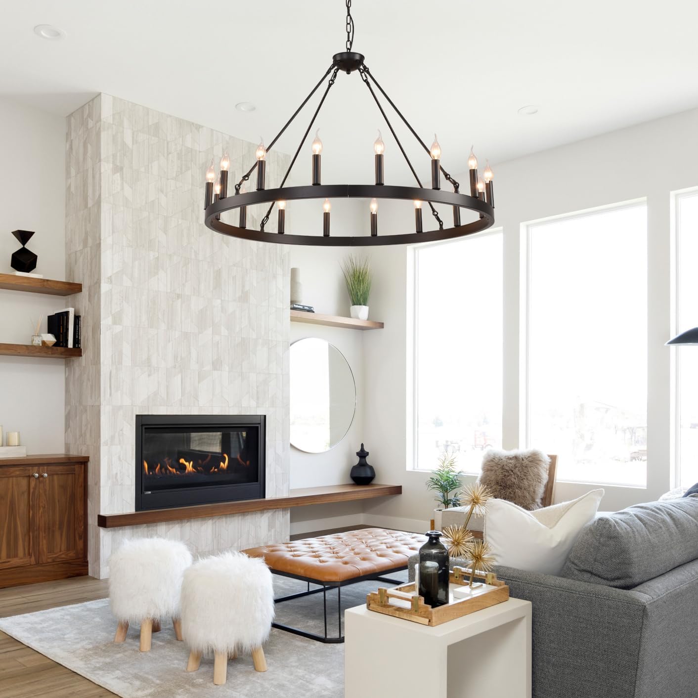 Black Wagon Wheel Chandelier Farmhouse,Round Rustic Wagon Wheel Light Fixture for Dining Room,16-Light 40" Large Industrial Wagon Wheel Light for Living Room Foyer(Black 40 Inch 16-Lights)