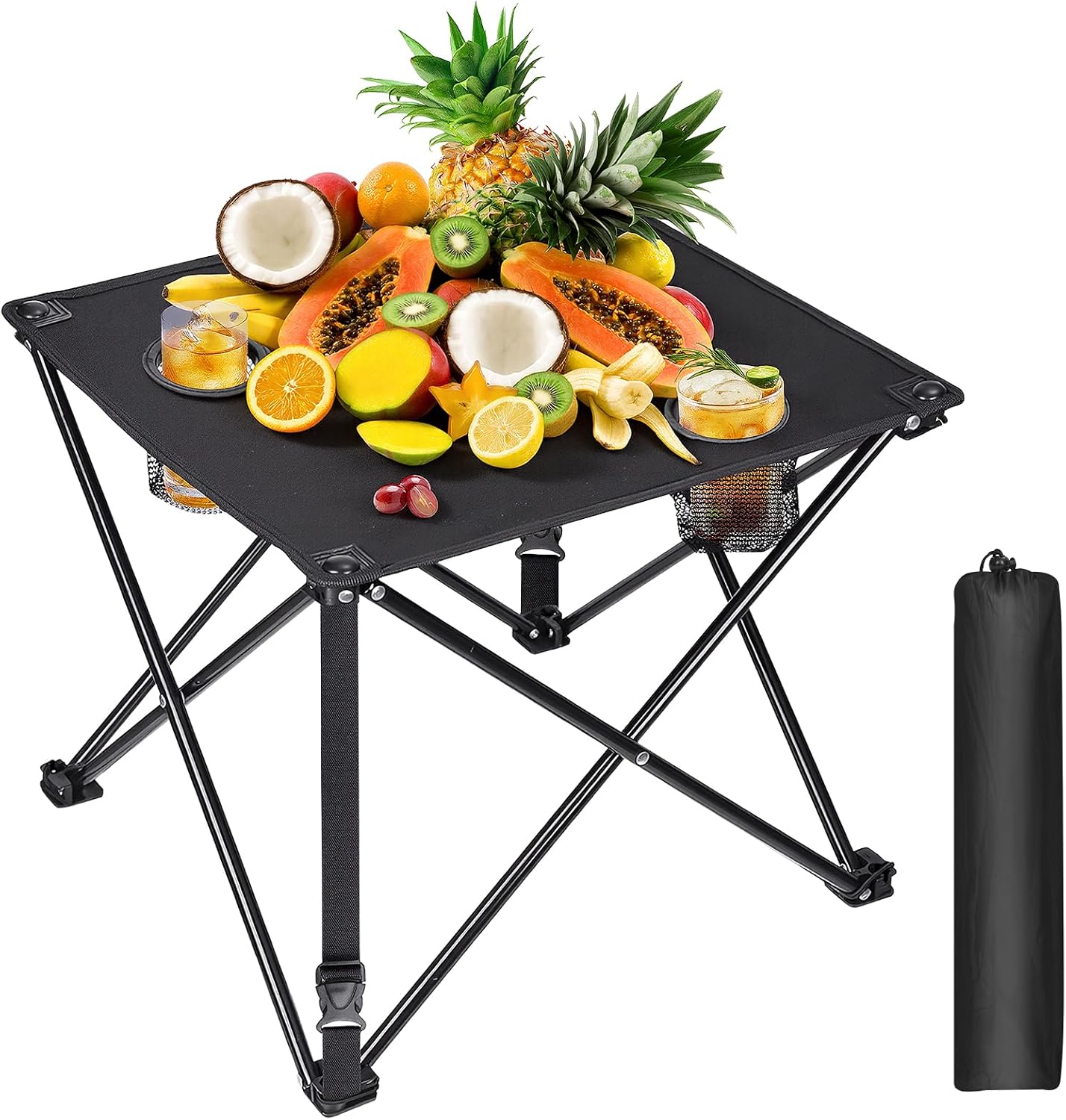 TeqHome Portable Camping Table, Lightweight Foldable Small Table with 2 Cup Holders & Storage Bag, Waterproof Canvas Outdoor Folding Table for Camping, Picnic, BBQ, Beach, Backyard, Travel & RV