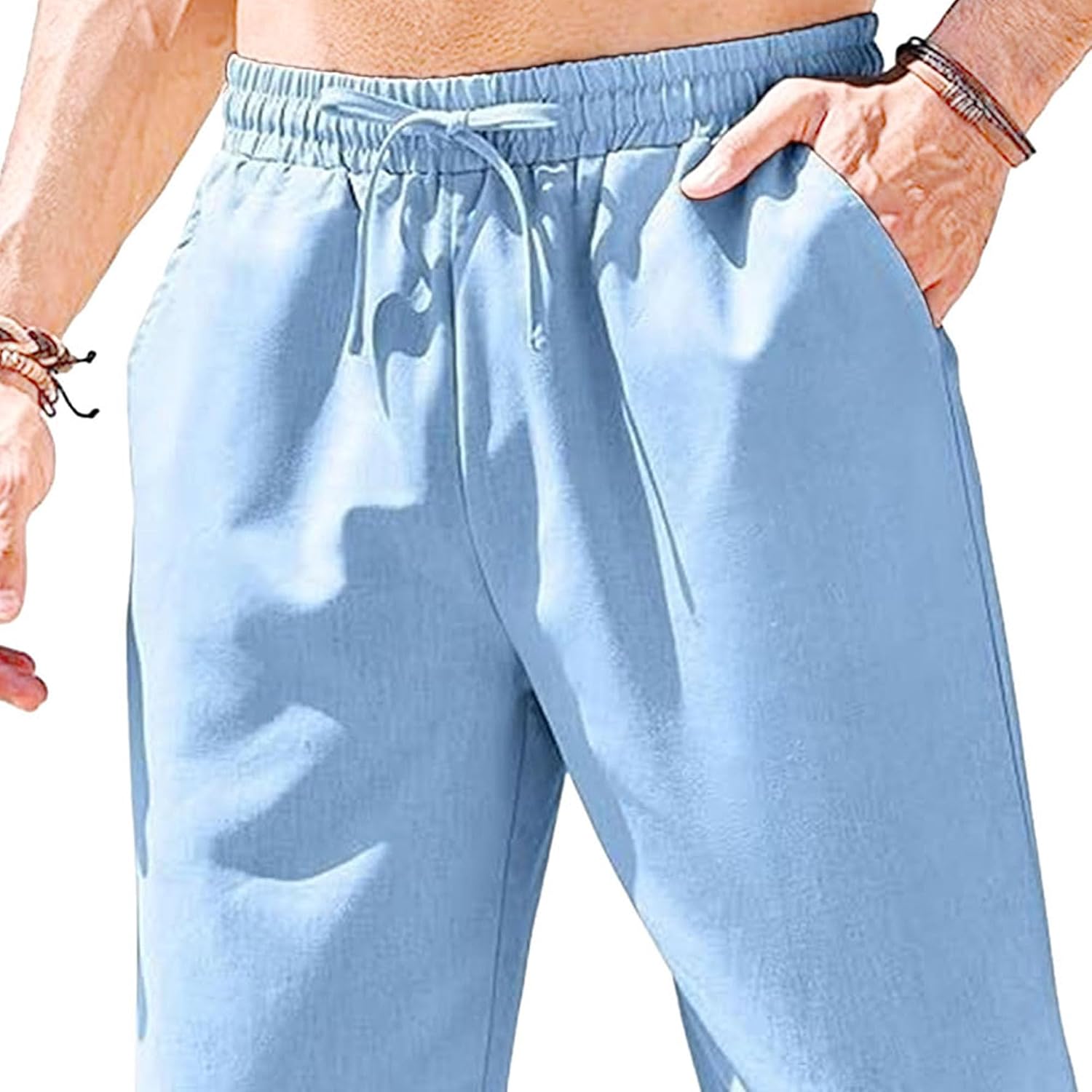 Men's Basic Cotton Liene Loose Fit Pants Elasitc Waist Lightweight Summer Trousers Casual Solid Yoga Beach Pants