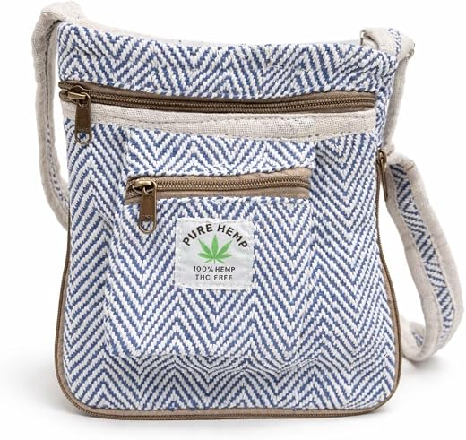 Pure Hemp Crossbody Bag, Blue Chevron Pattern, 100% Hemp, Adjustable Strap, Zipper Pockets, 27.9 x 22.9 cm