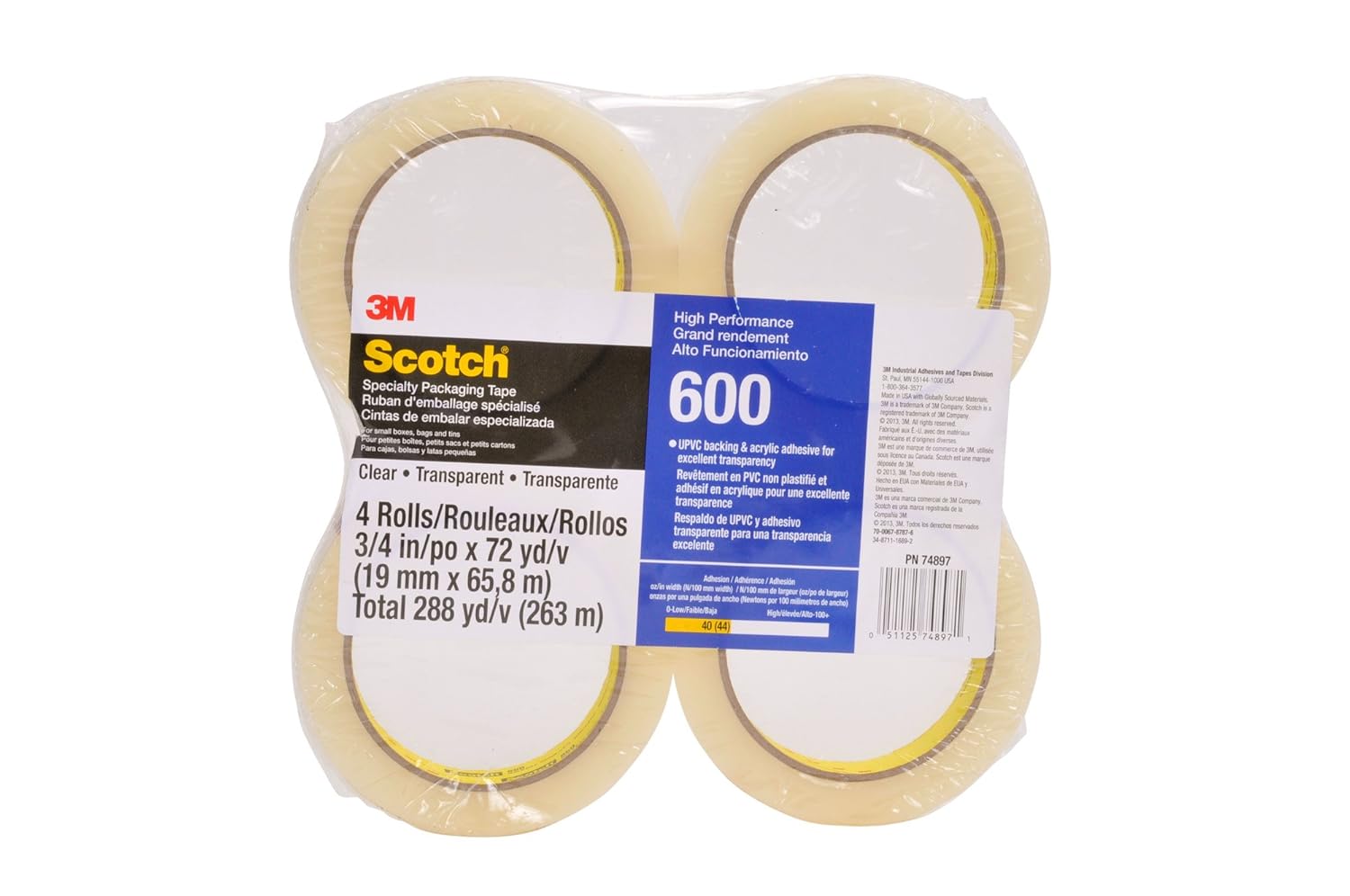 3M Scotch Light Duty Packaging Tape 600 Clear High Clarity, 3/4 in x 72 yd