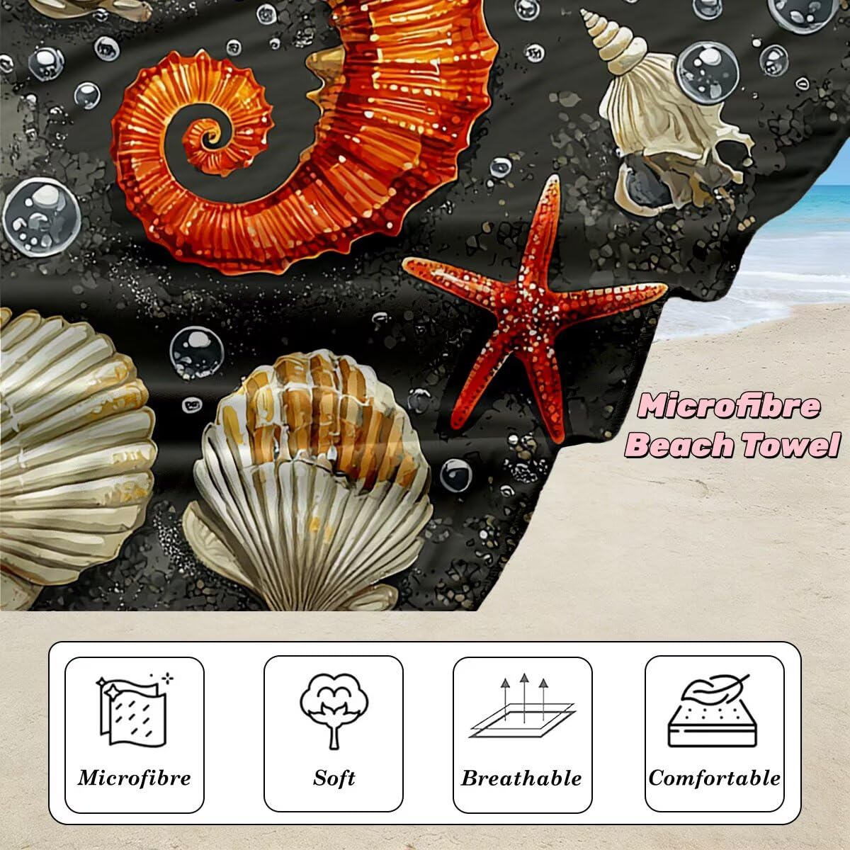Toalla Playa 90x180 cm, Toalla Gimnasio Microfibra Secado Rapido, Juego de 2 Antiarena Toallas de Playa, Ligera Compacta Toallas Microfibra Grande para Viaje, Regalo Mujer Hombre (Caballito Mar) -4927