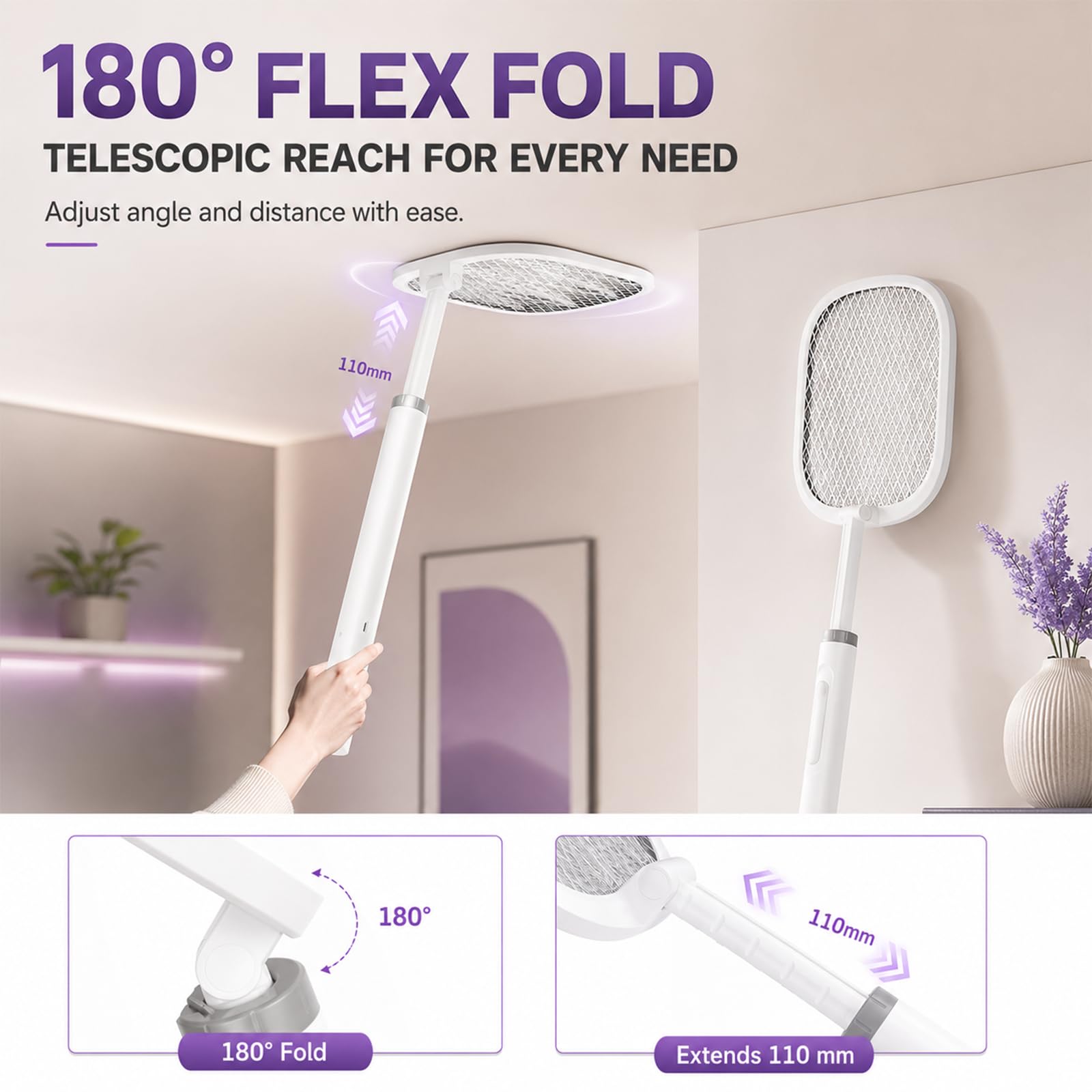 Elektrische Fliegenklatsche 5000V, 2 in 1 Mückenklatsche Elektrisch mit UV-Licht & Nachtlicht, 180° klappbarer Kopf, ausziehbar 61–72 cm, 2000mAh USB-C Akku, Insektenvernichter für Haus Camping