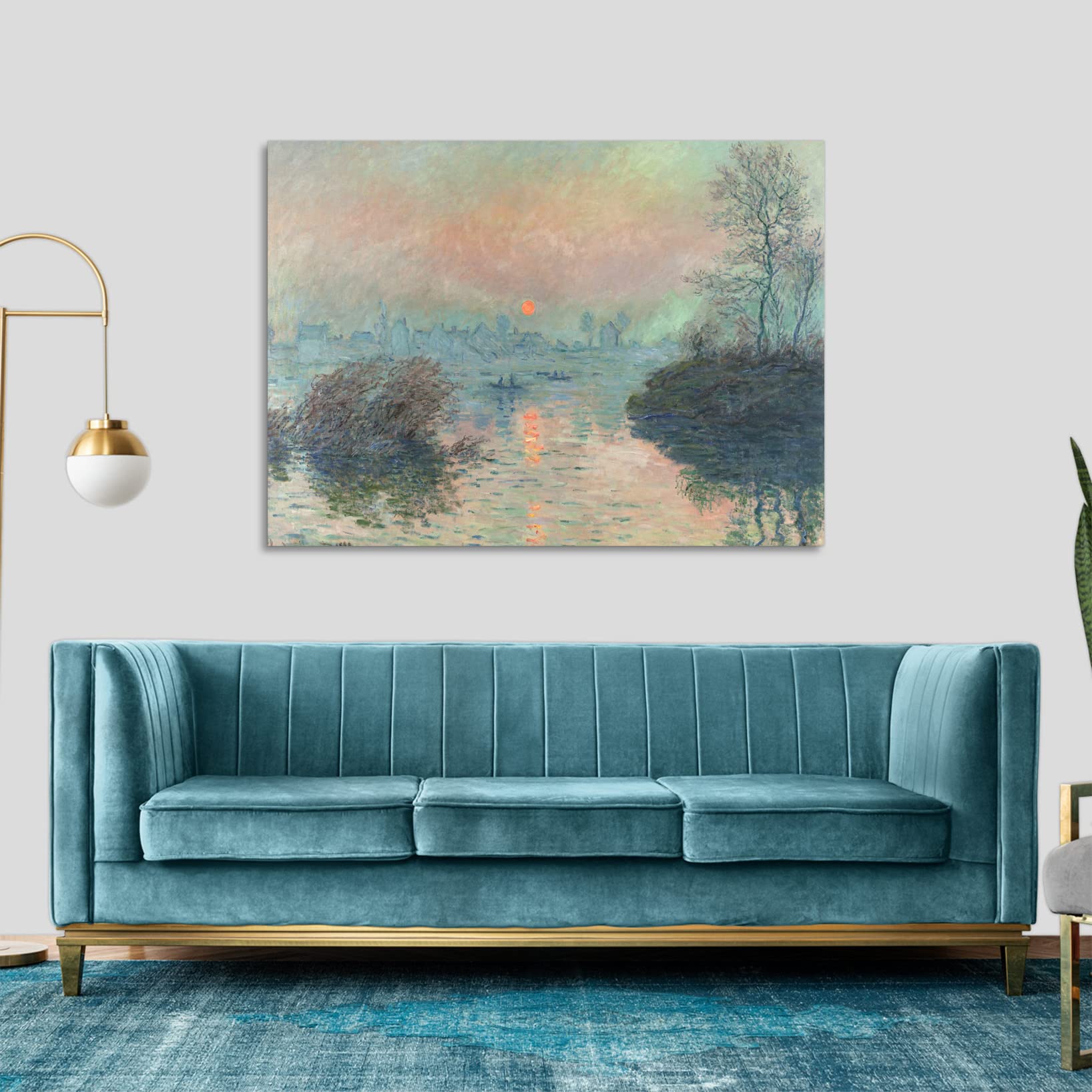 LuxHomeDecor Claude Monet - Sun setting on the Seine at Lavacourt Quadro Stampa su Tela con Telaio in Legno misura 120x90 cm