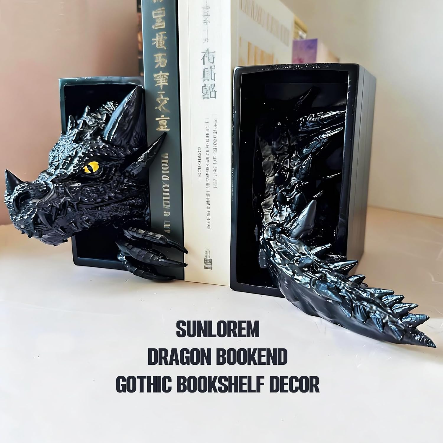 Dragon Bookends Gothic Fantasy Bookshelf Decor Unique Animal Statues for Book Shelves Lovers Black Whimsical Gifts Shelf Holder Set Resin Sculpture Home Office Decorative