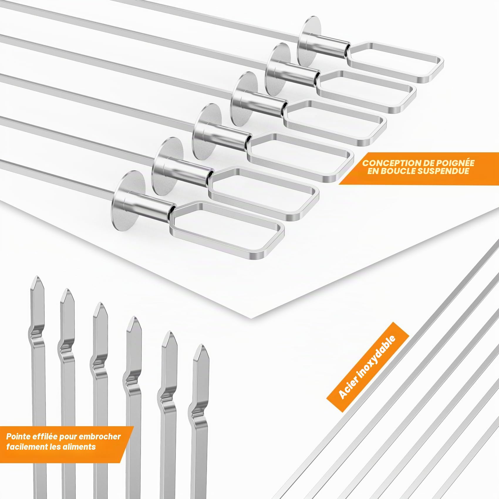 onlyfire Set de Brochettes pour Barbecue en Acier Inoxydable, Pic Brochette INOX avec Support, 6 Brochettes à Viande, Brochettes de Grillades pour Barbecue et Grille, pour Viande et Légumes