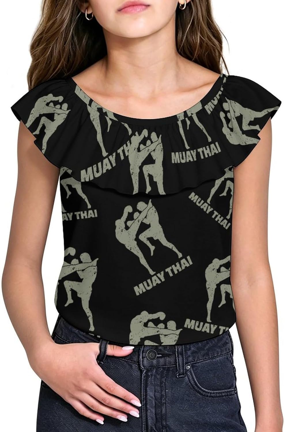 Muay Thai Girls T-Shirts Top Ruffle Short Sleeve Blouse Casual Graphic Tees