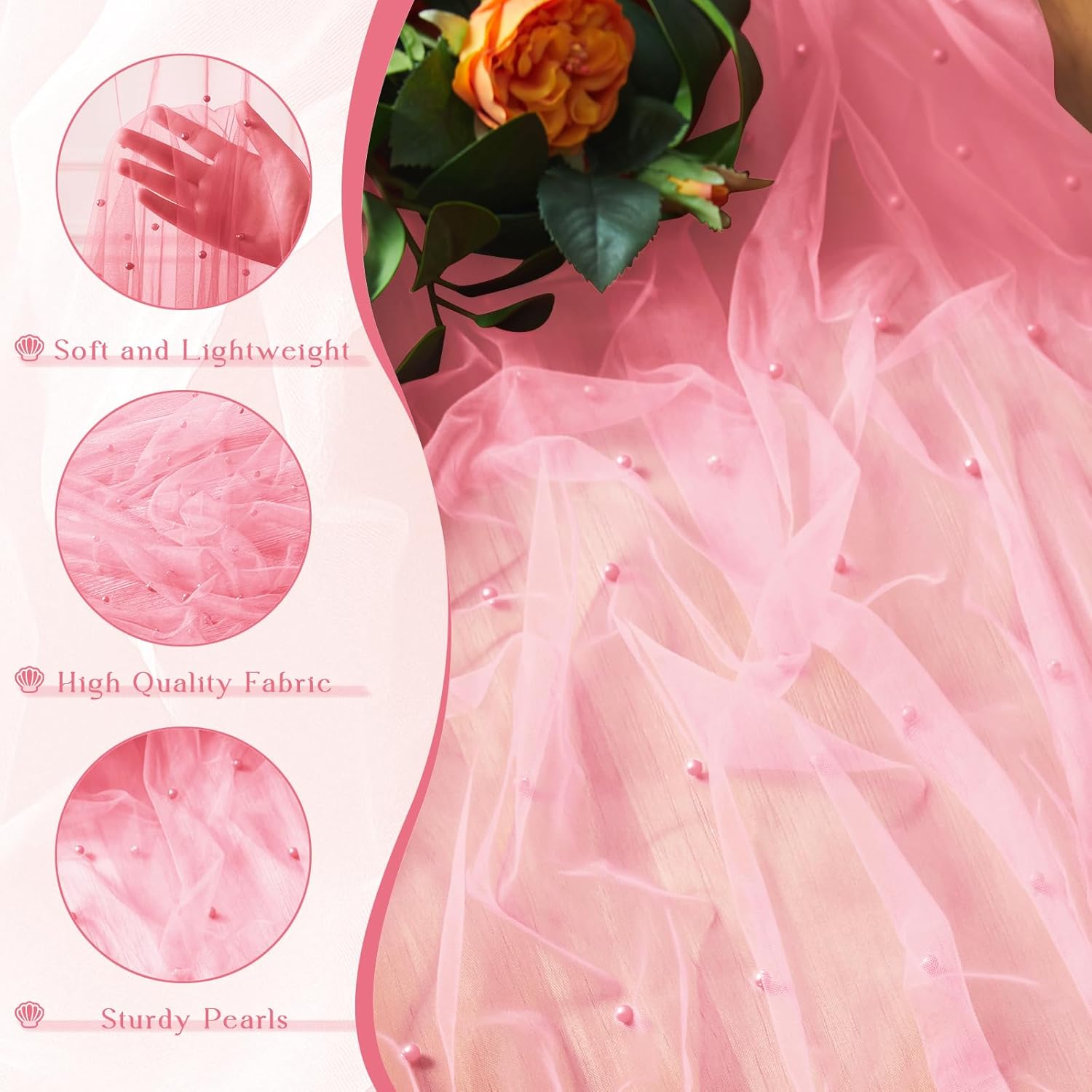 TREELY 6 Pcs Pink Pearl Table Runner 10 Ft Tulle Fabric Lace Table Runner for Wedding Arch Veil Dessert Birthday Party Bridal Shower Decor 29.5x120 Inches