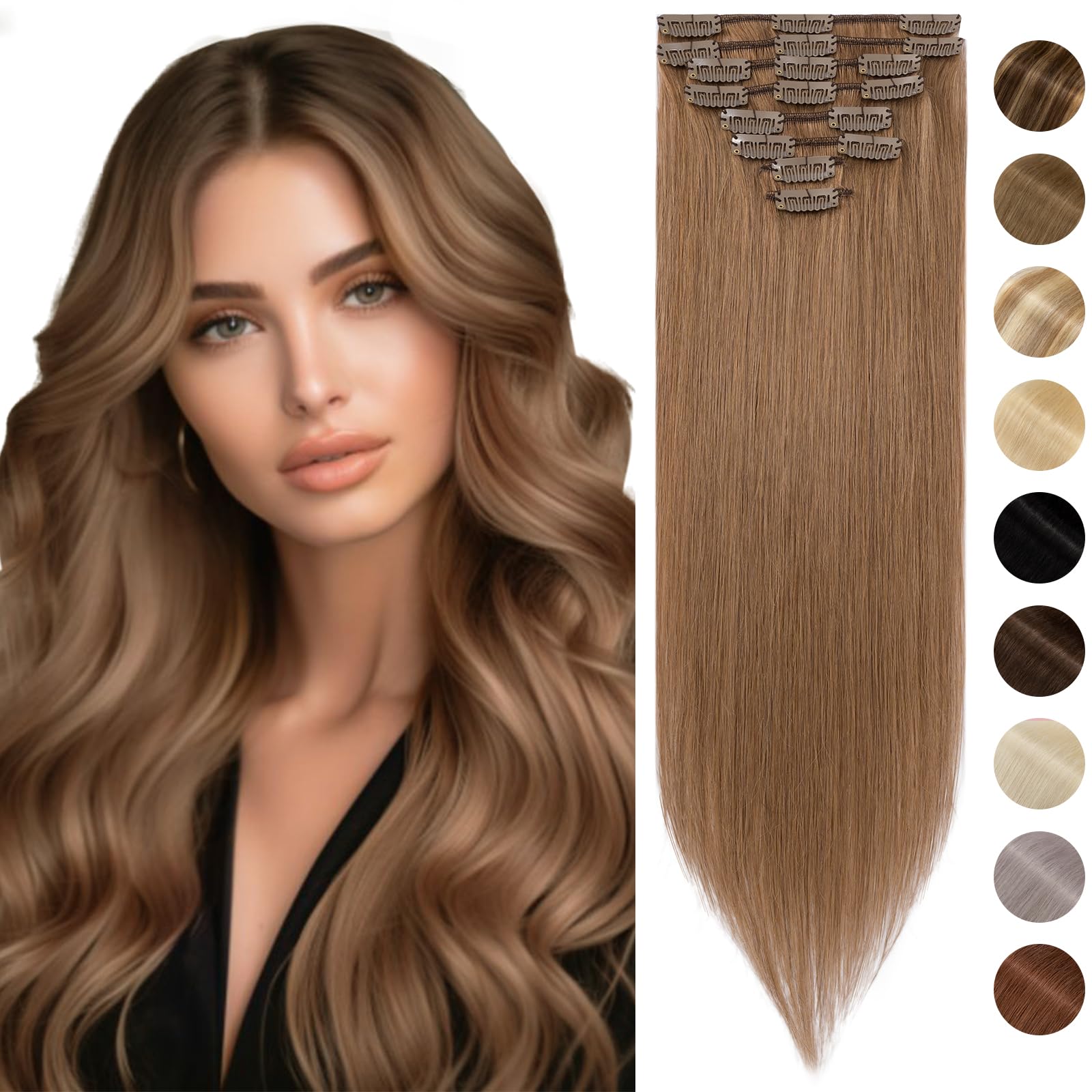 Silk-co 10inch Hair Extensions Clip in Hair Extension Human Hair #04 Medium Brown -Basic Thickness-Thin Weft- 8 Pieces Real Remy Straight Hair Extensions[50g] — view 15