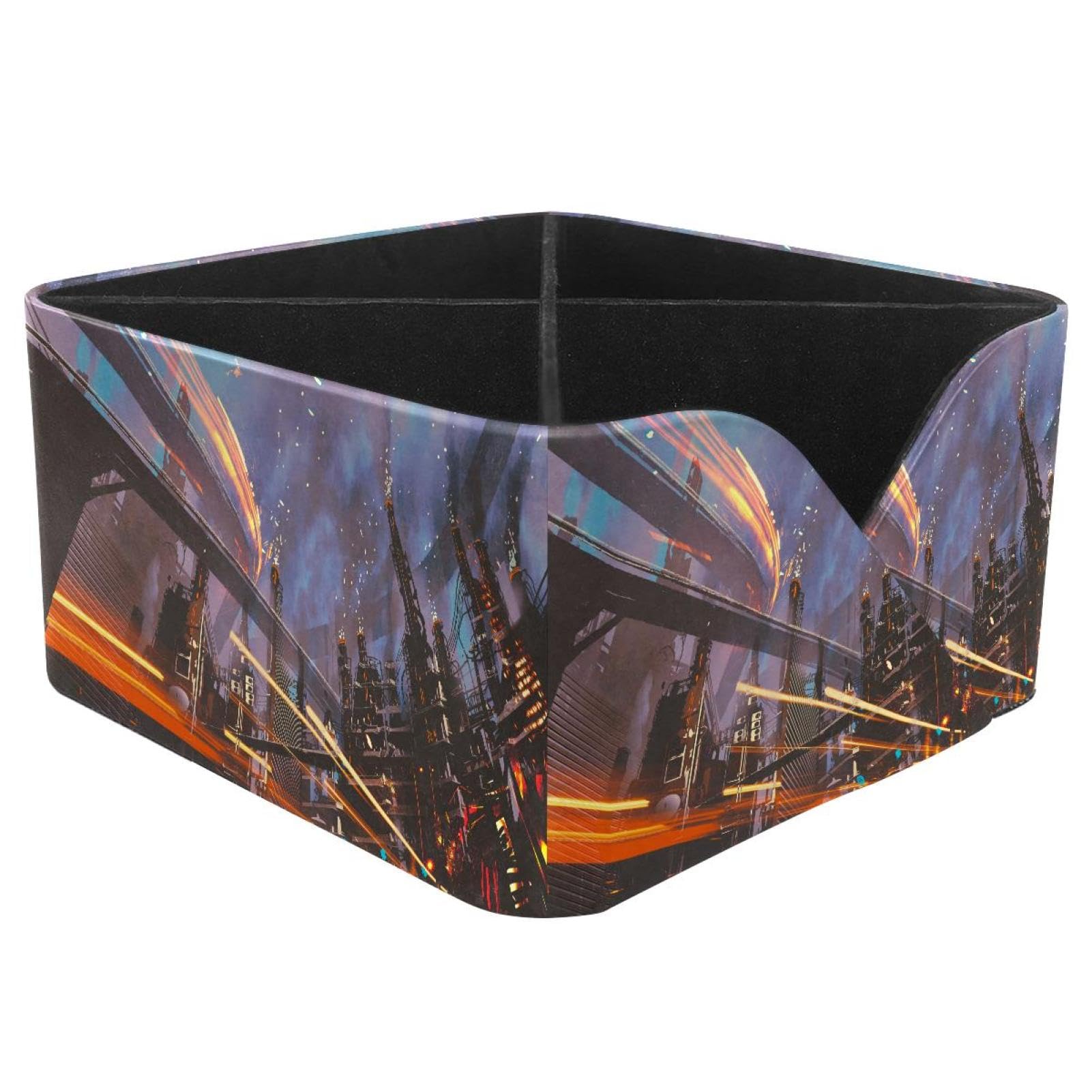 KengjuTesu Sci-fi Scenery of Futuristic City Buildings Painting Desktop Organizer Pen Holder, Rectangular Pencil Cup for Office, Study and Makeup Stations