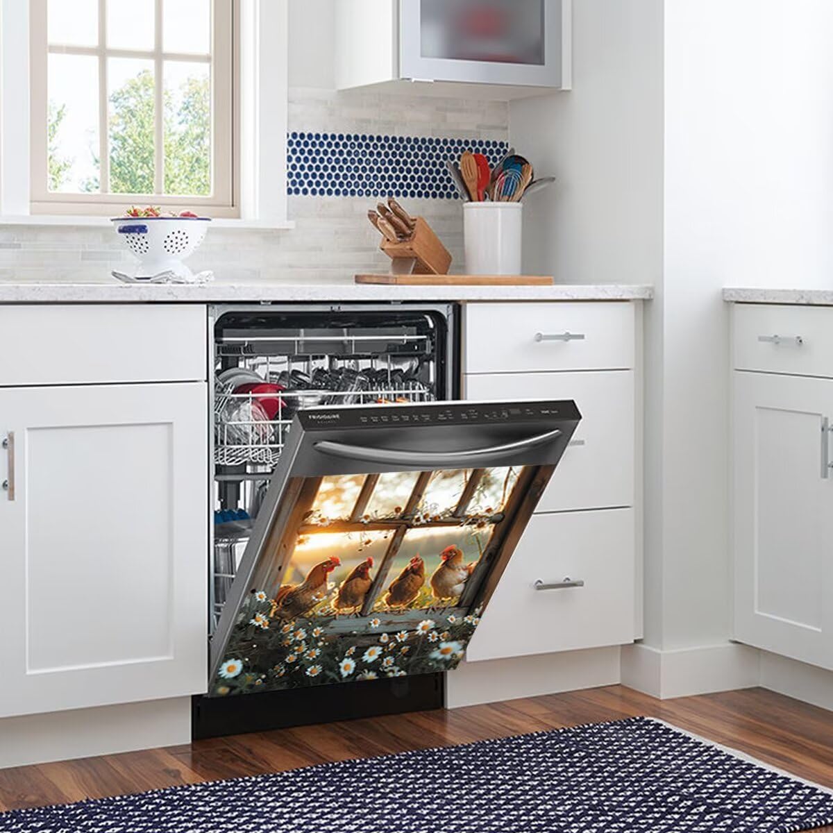 Country Chicken Dishwasher Covers for The Front, Daisy Flower Dishwasher Magnet Cover, Farmhouse Sticker Refrigerator Magnetic Decoration Rooster Appliance Decal, Wood Fridge Magnets, 23"x26"
