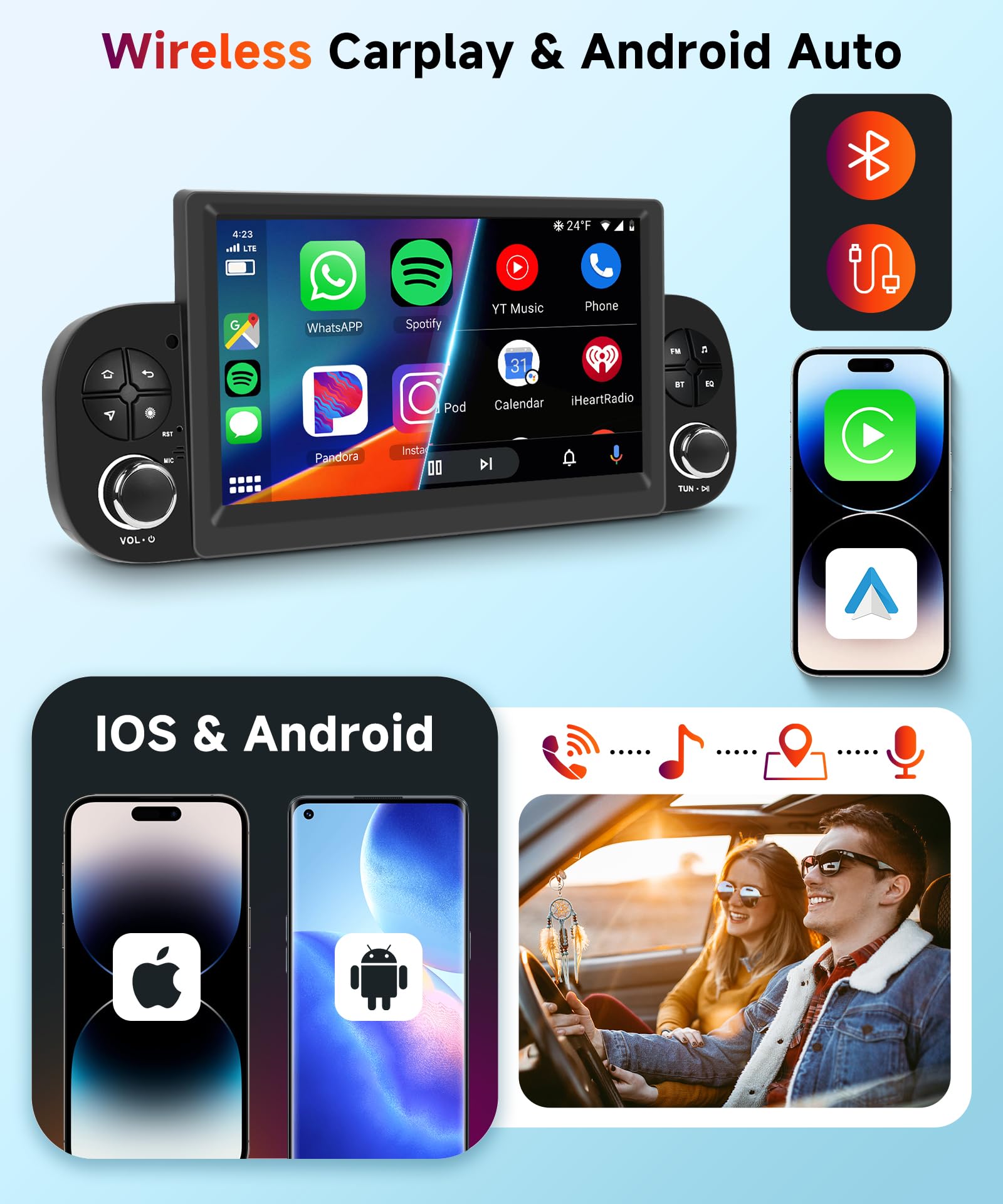 【4+64G】Hodozzy Carplay Autoradio per Fiat Panda 2013-2020, Touchscreen da 7 pollici con Android Auto/DSP/WiFi/GPS/RDS/FM/Bluetooth 5.0/USB