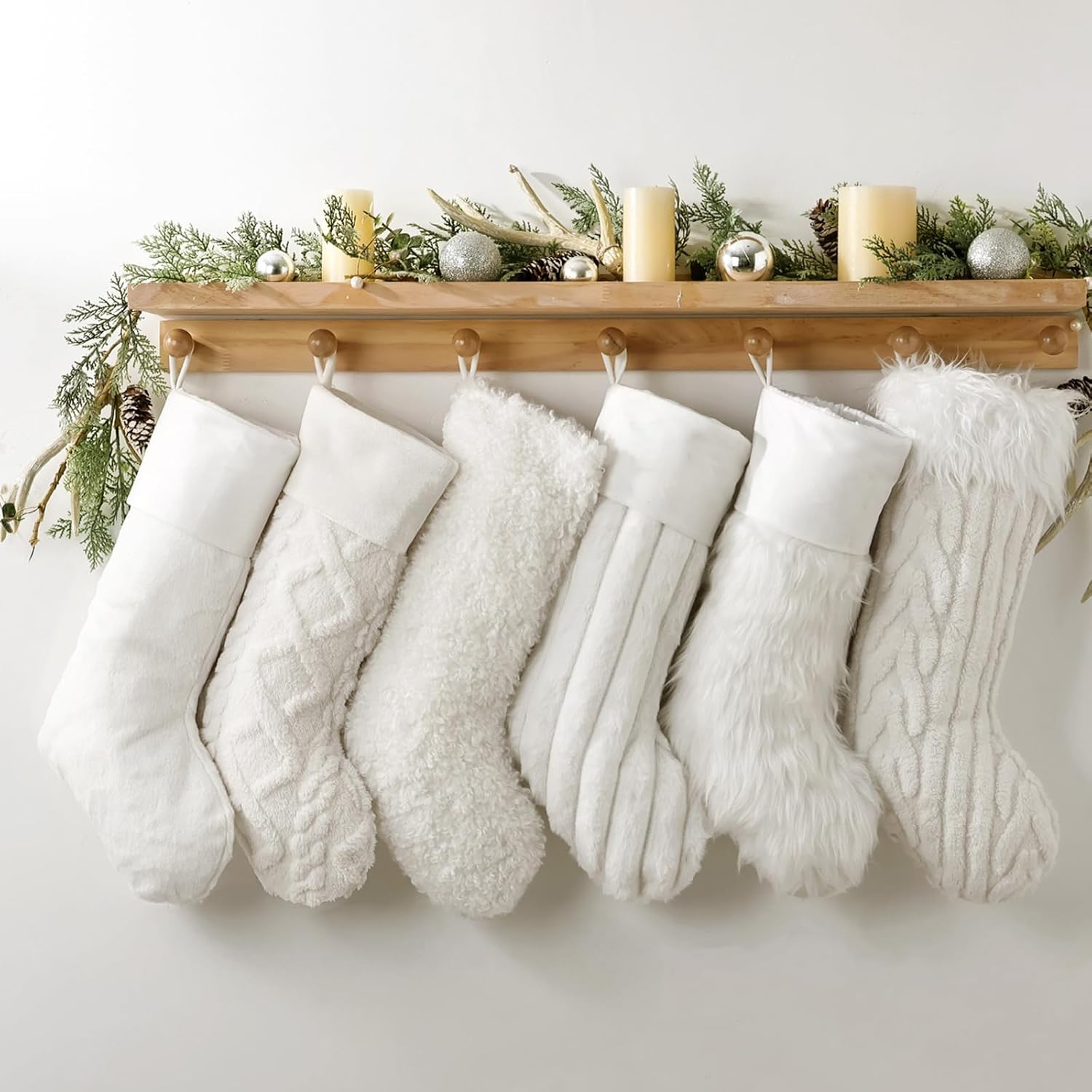 Christmas Stockings, 6 Pack 18 Inch Luxury Snow White Thick Plush Faux Fur Personalized Stockings with 6 Styles of Textured Patterns, Home Décor Party Christmas Decorations Gift for Mantal Fireplace
