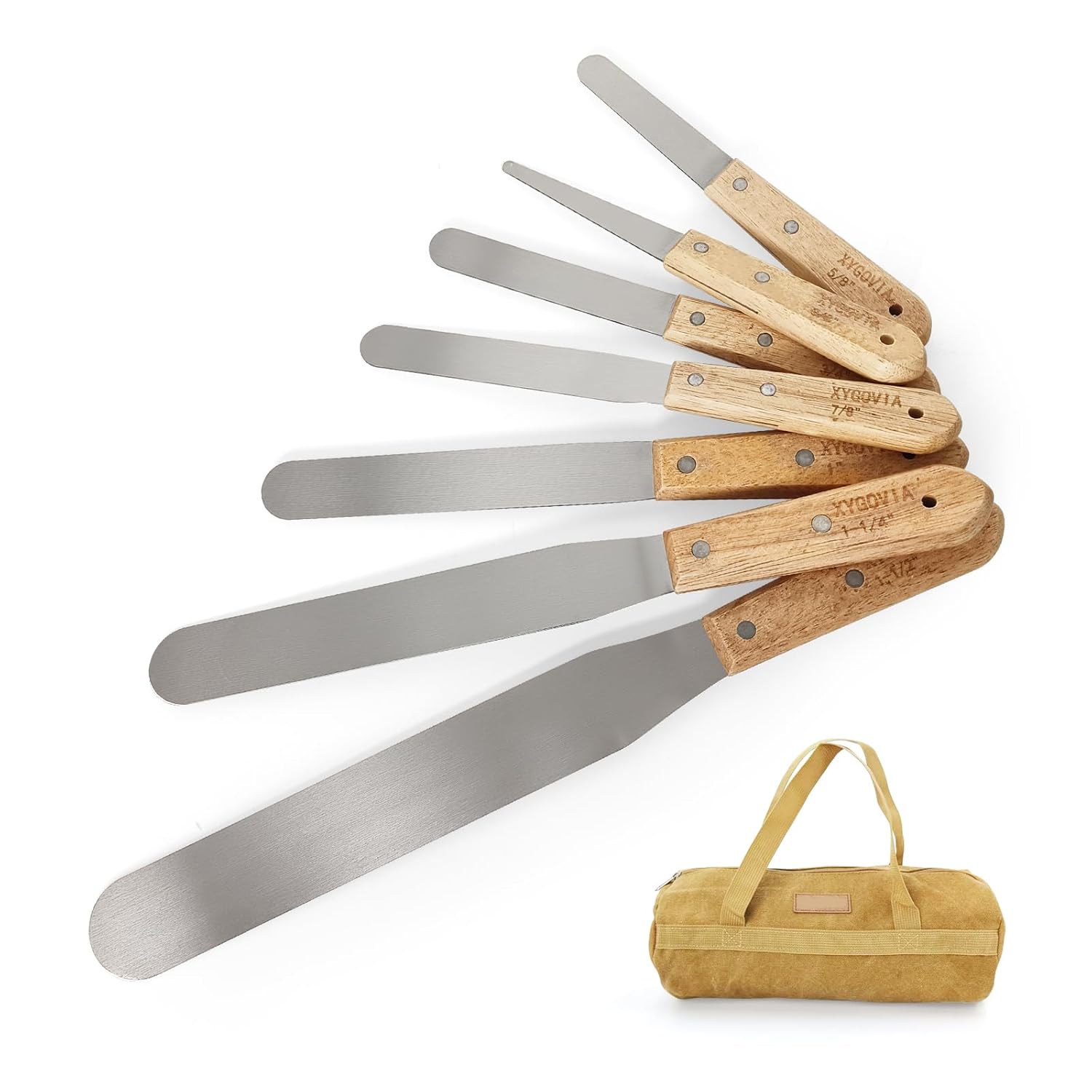 7-Piece Caulking Spatula with Wooden Handle, Professional Stainless Steel Caulk Tool Set Finishing Tools, Streamline Spatulas for Caulk Application