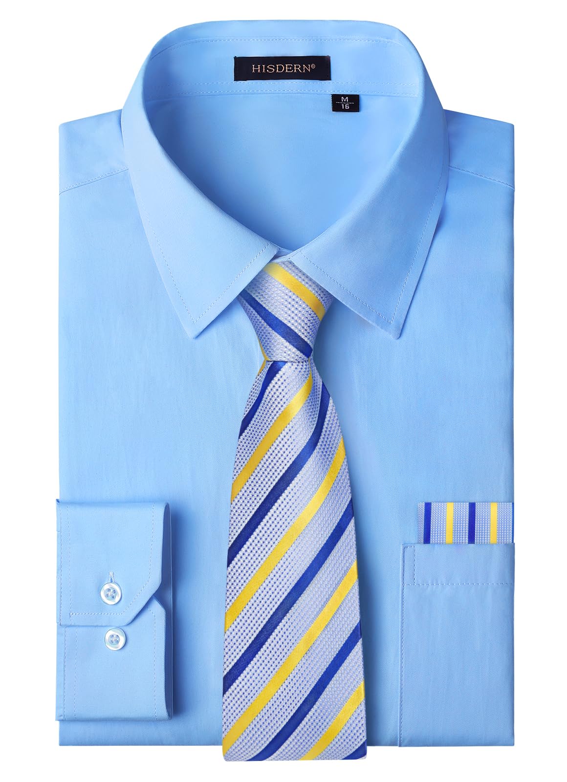 HISDERN Mens Dress Shirt with Tie Pocket Square Set Classic Button Down Shirt Matching Tie Long Sleeve Shirts