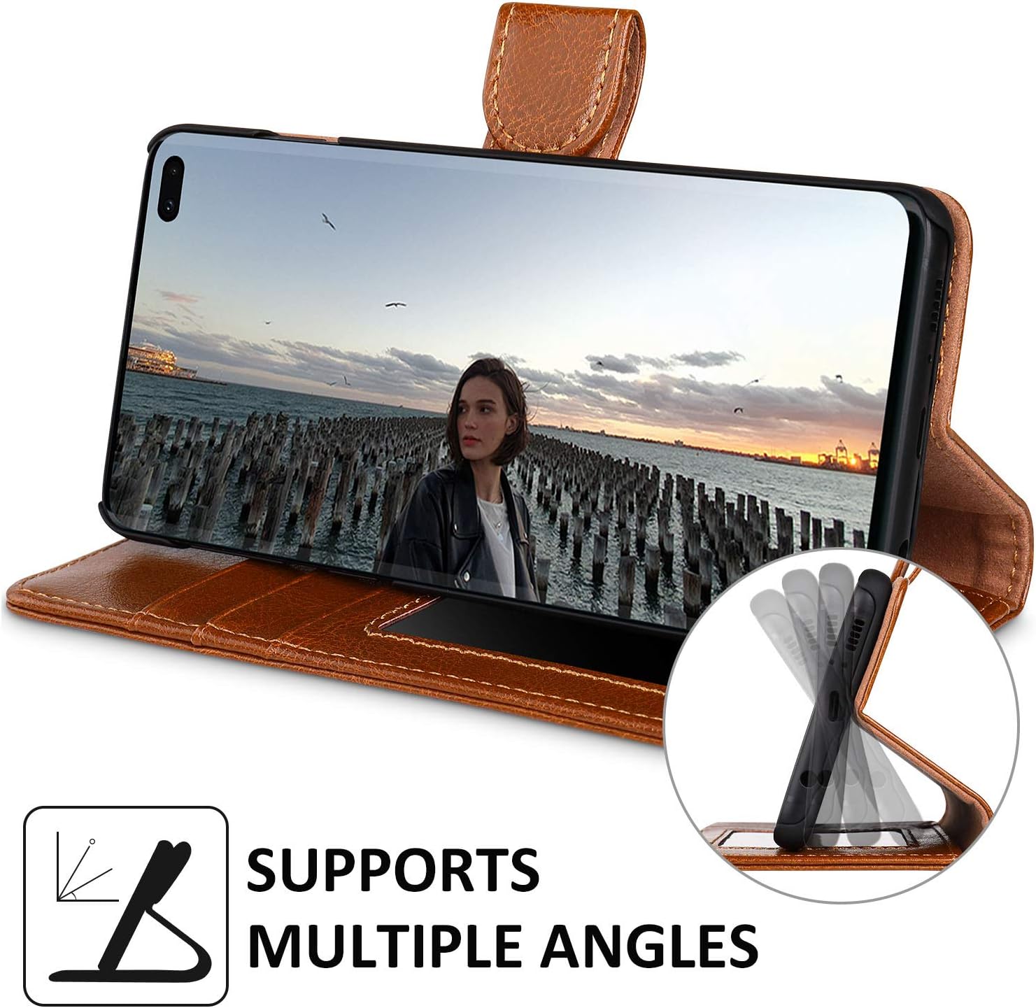 labato Wallet Case for Samsung Galaxy S10 Plus, Genuine Leather Flip Case Cover with Kickstand Function Magnetic Closure Card Slots Support Wireless Power Share for Galaxy S10 Plus 6.4 inches Brown