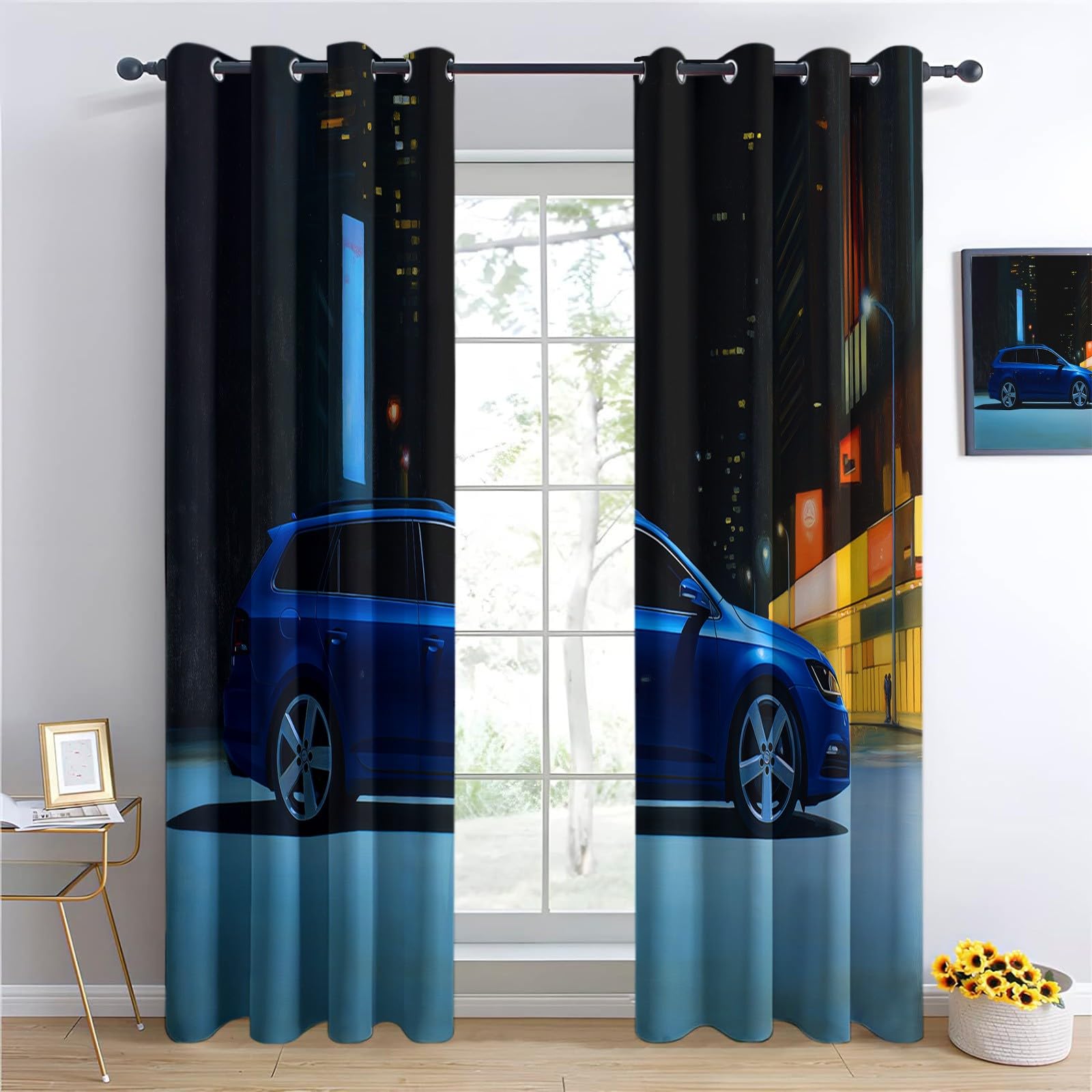 Genérico 140 x 260 cm, juego de 2 cortinas 100% opacas con aislamiento térmico para coche, moderno, coche, deportivo, tela suave e impermeable, doble cortina con ojales para dormitorio, sala de estar