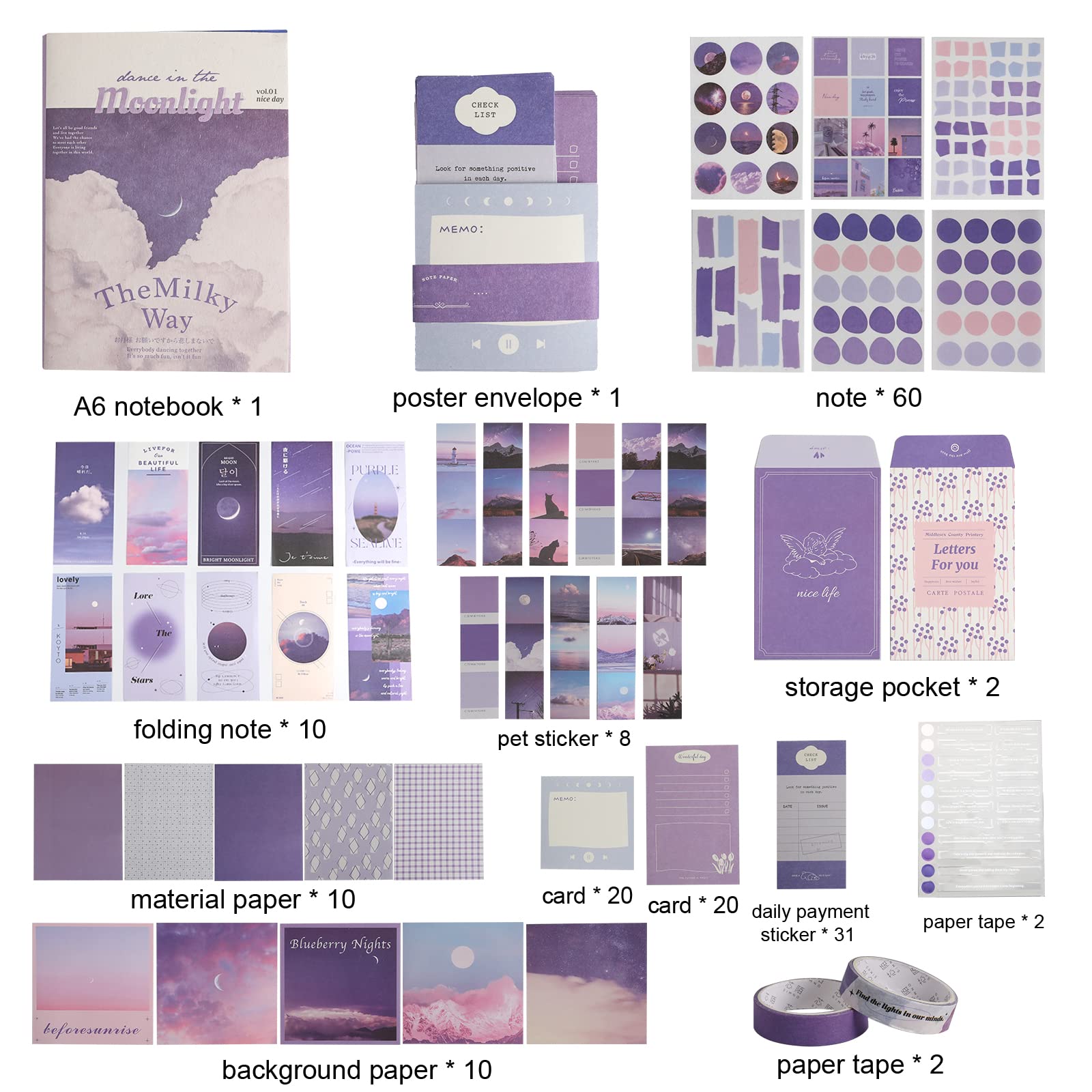 KINBOM scrapbooking kit completo, Viola Scrapbooking Kit Vintage con Cancelleria Diario Forniture per Scrapbooking Quaderno a Griglia A6 per Ragazze Fai Da Te Regalo (Chiaro di Luna)