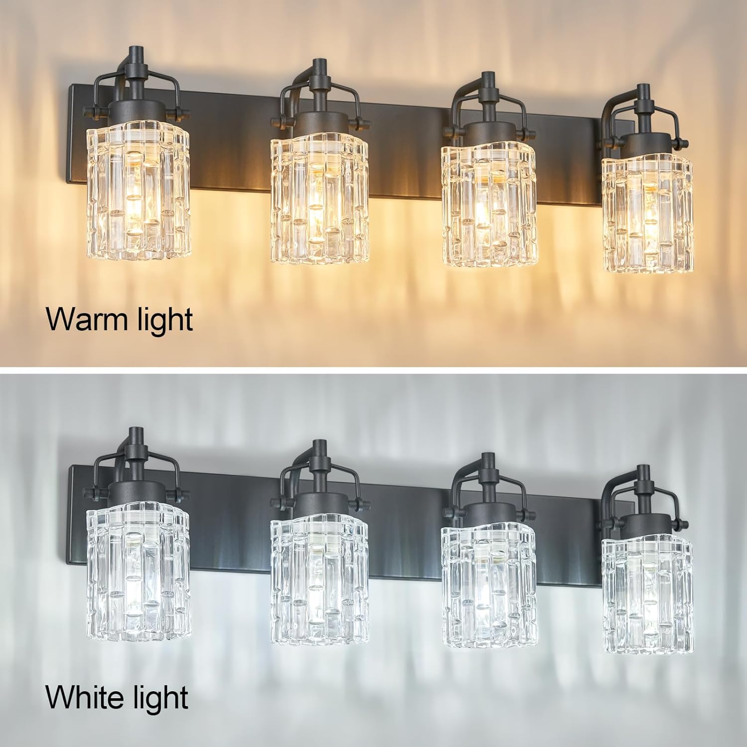 modern 4-light vanity light with crystal glass shade - black bathroom light fixture over mirror black 4-light