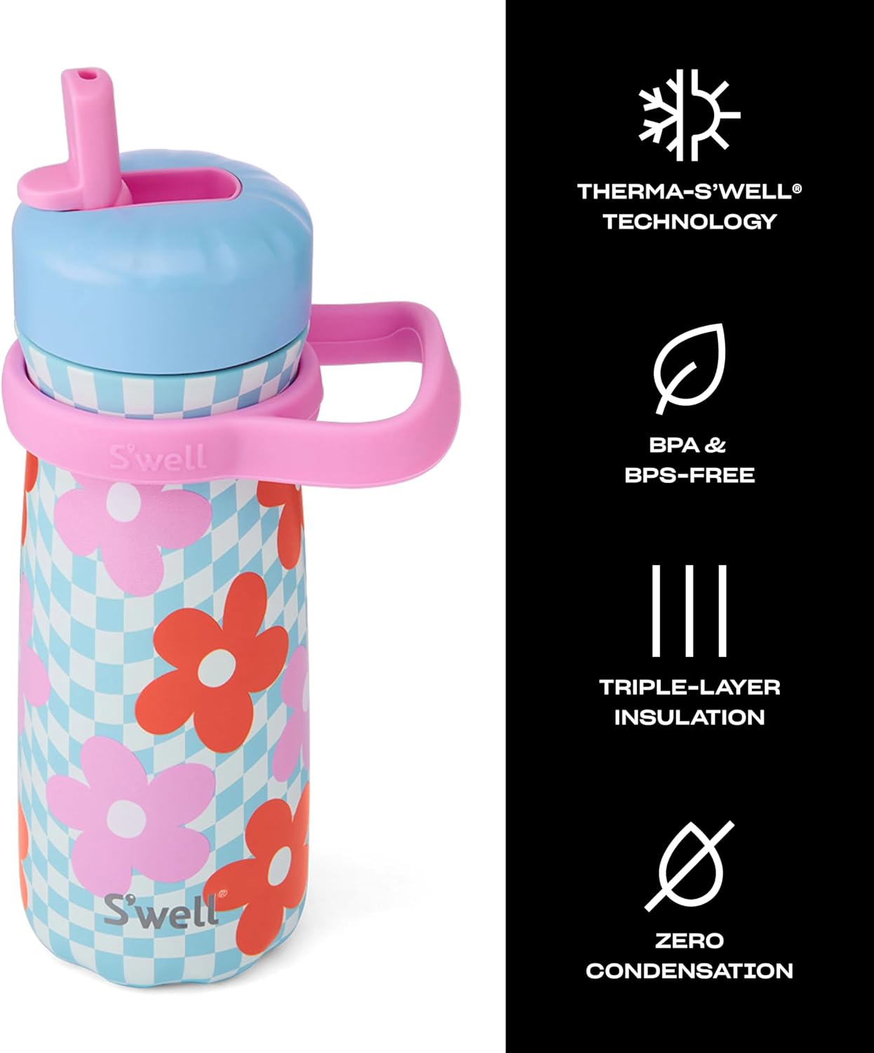 S'well Stainless Steel Kids Traveler with Flip Straw Lid, 16oz, Pink Petal, Triple Layered Vacuum Insulated Containers Keeps Drinks Cold for 24 Hours, BPA Free, Easy Carrying On the Go