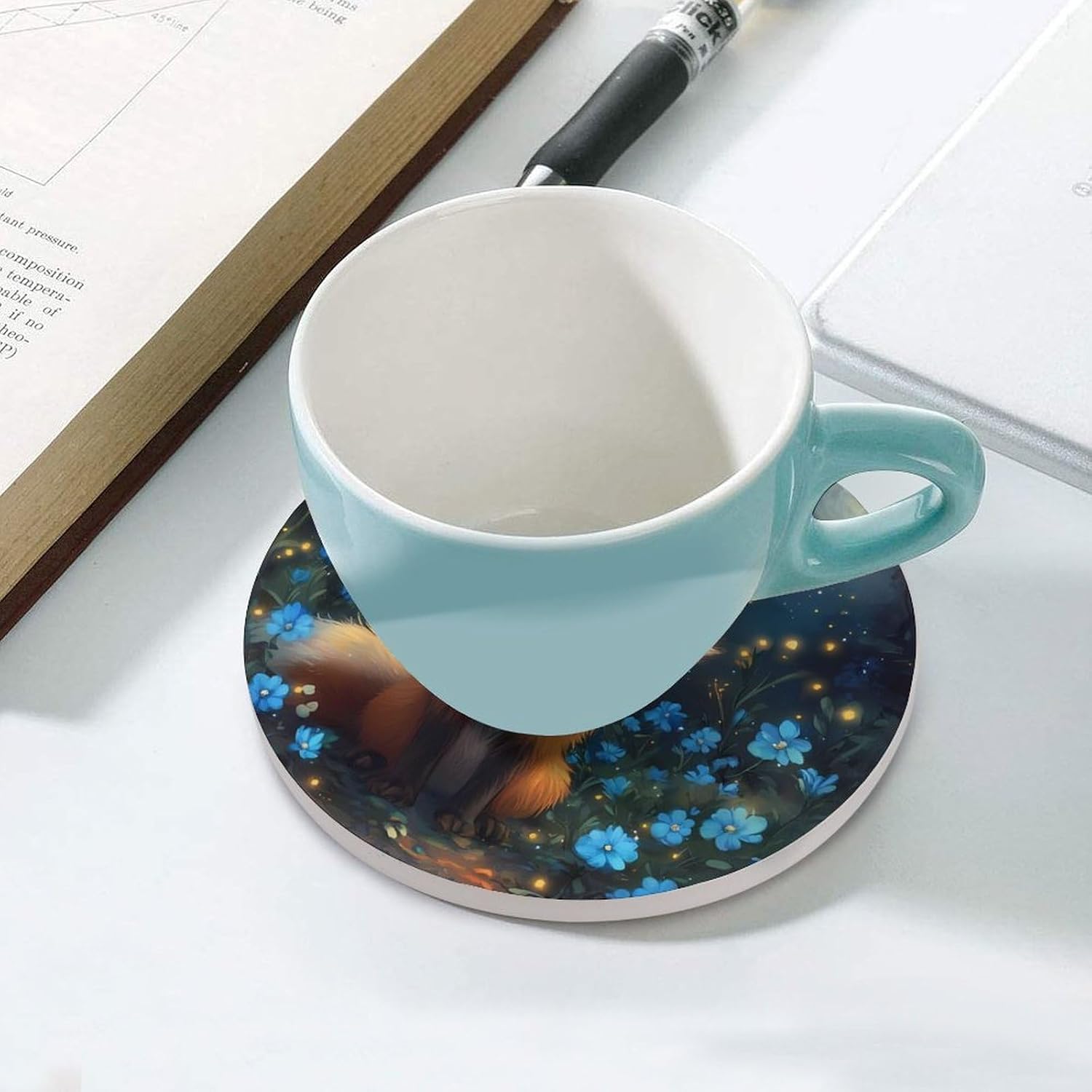 Fox Flowers Coasters for Drink Round Ceramic Coaster with Cork Base Home Decorative 6PCS