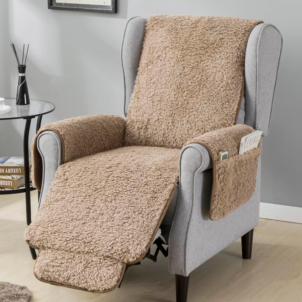STONECREST Wingback Chair Cover, Pushback Chair Cover, Boer Sherpa Slipcover, Stay in Place (Camel, 20" Recliner)