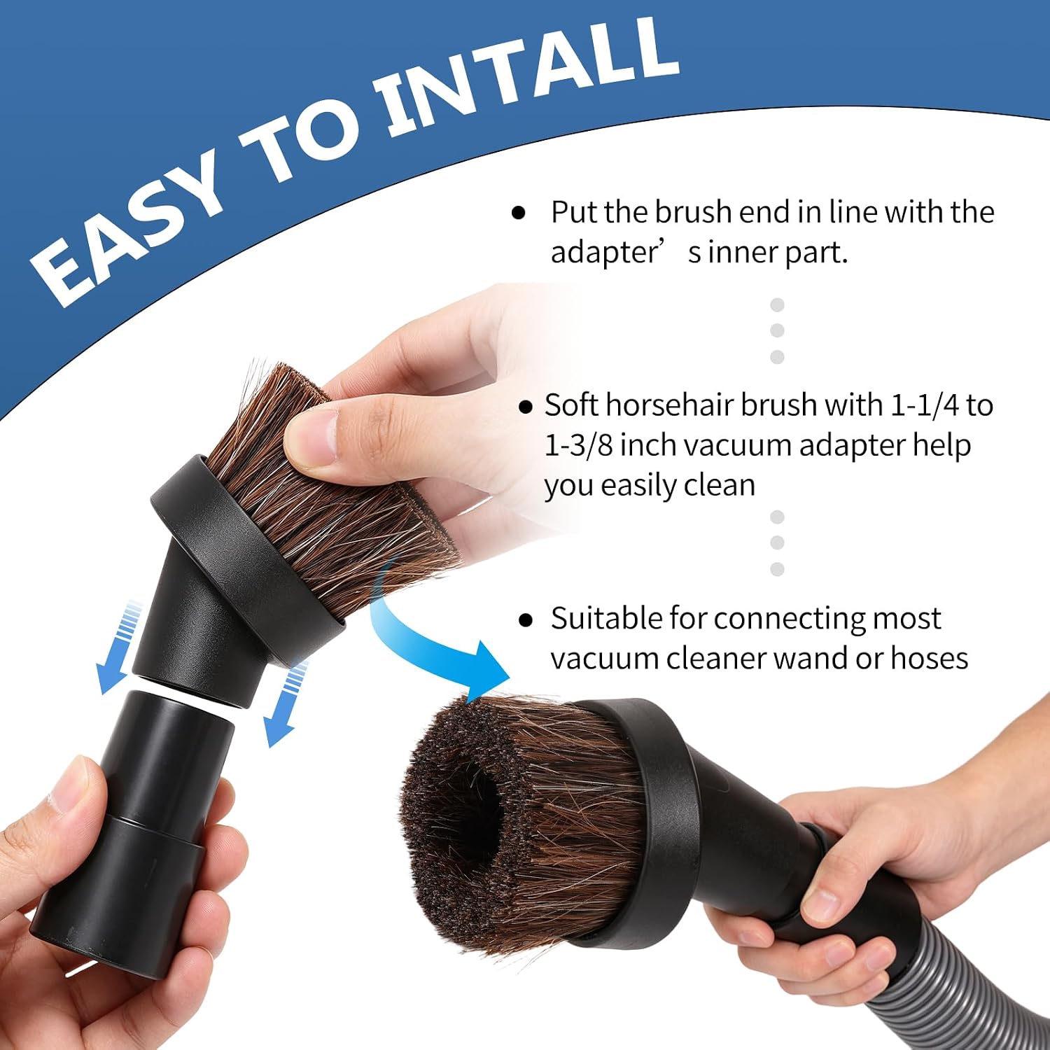 3 Pack Soft Horse Hair Vacuum Brush Attachment for Shark Vacuum Attachments-1 1/4" Round Vacuum Brush With 1-1/4" To 1-3/8" Adapter for shark brush Attachment and for Most Vacuum Cleaners Accessories